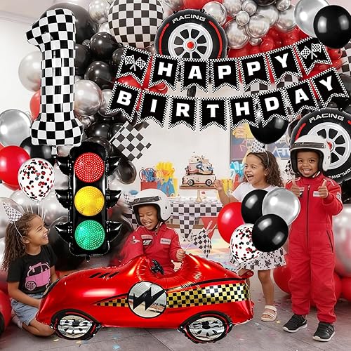 Miniatura 4 de Decoraciones de fiesta de cumpleaños de auto de carreras, con globo número 2 de 40 pulgadas, pancarta de feliz cumpleaños, semáforo y globo