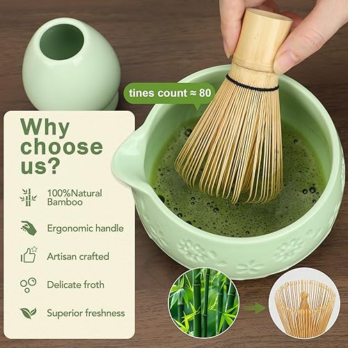 Miniatura 5 de Juego de batidor de matcha, cuenco de cerámica con boquilla, batidor y cuchara de bambú matcha, soporte para Chasen, soporte para cucharada, tamiz,