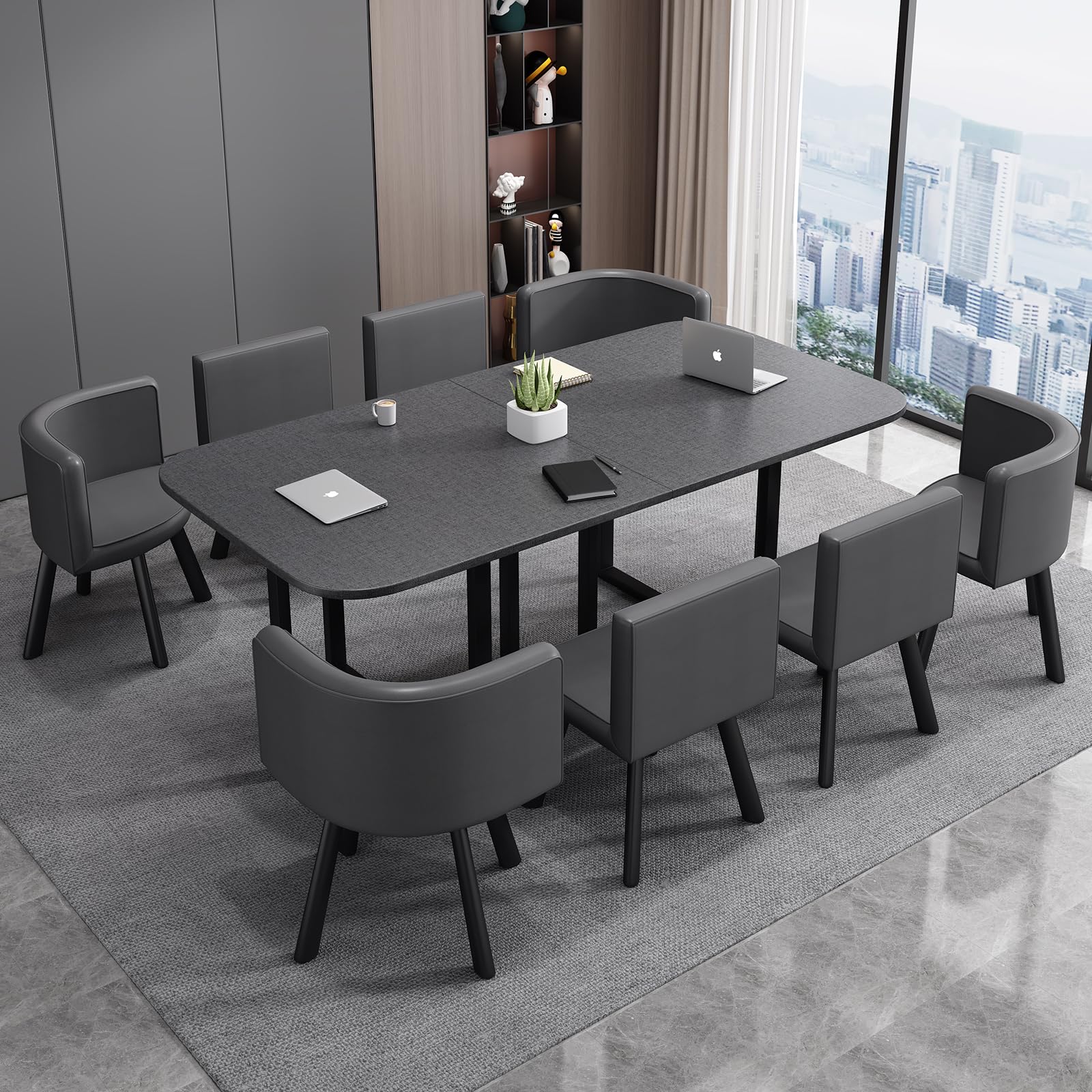 Konferenztisch 180x90cm, Moderner Besprechungstisch mit Metallrahmen und 8 Stühle, Rechteckiger Meetingtisch für 6–8 Personen für Büro, Konferenzraum, Seminarraum, Esszimmer (Grau)
