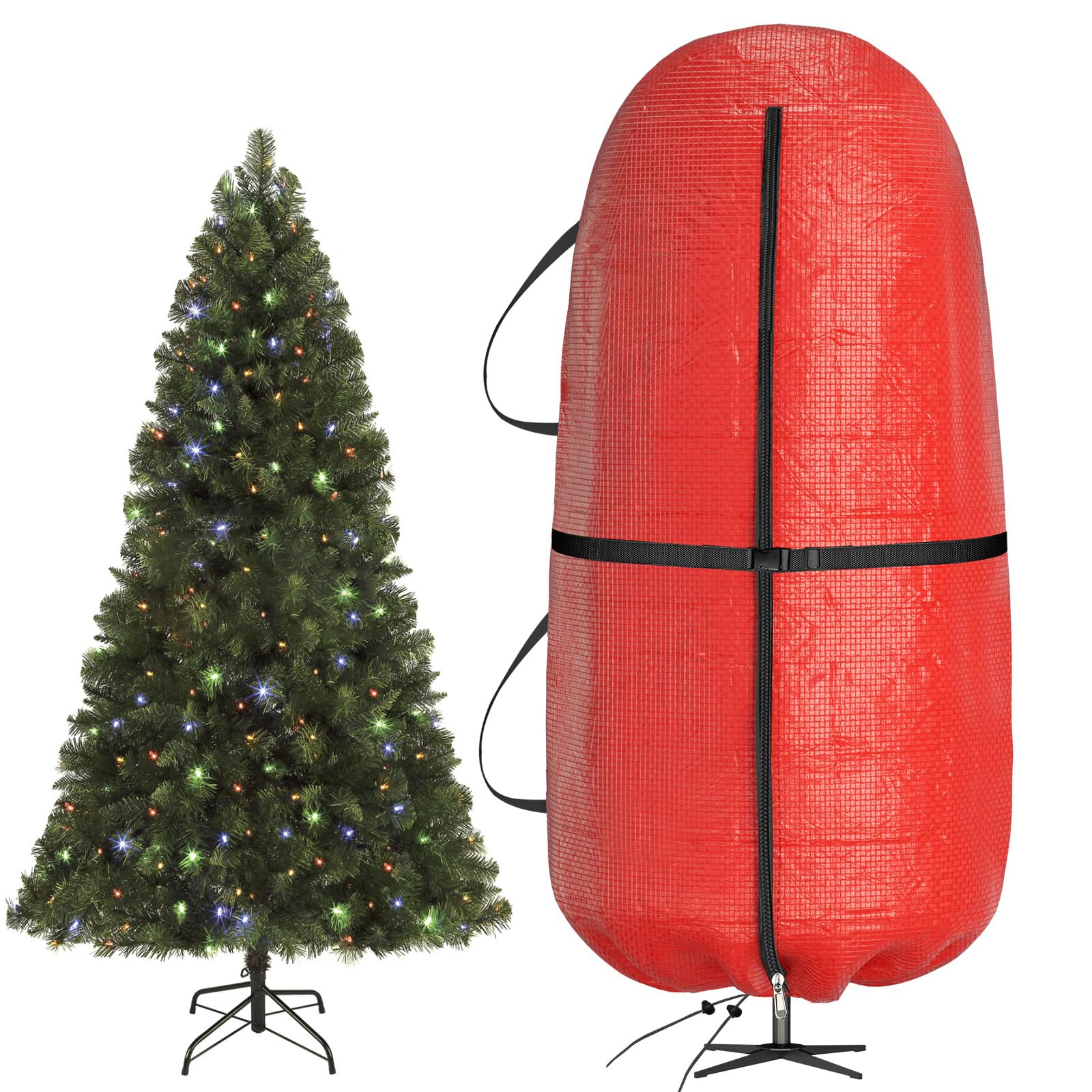 Aufrechte Christbaum-Tasche 230 cm für die platzsparende Aufbewahrung Ihres geschmückten künstlichen Baums. Aus reißfestem PE-Material, wasser- & staubdicht, mit verstellbaren Tragegurten(Rot)