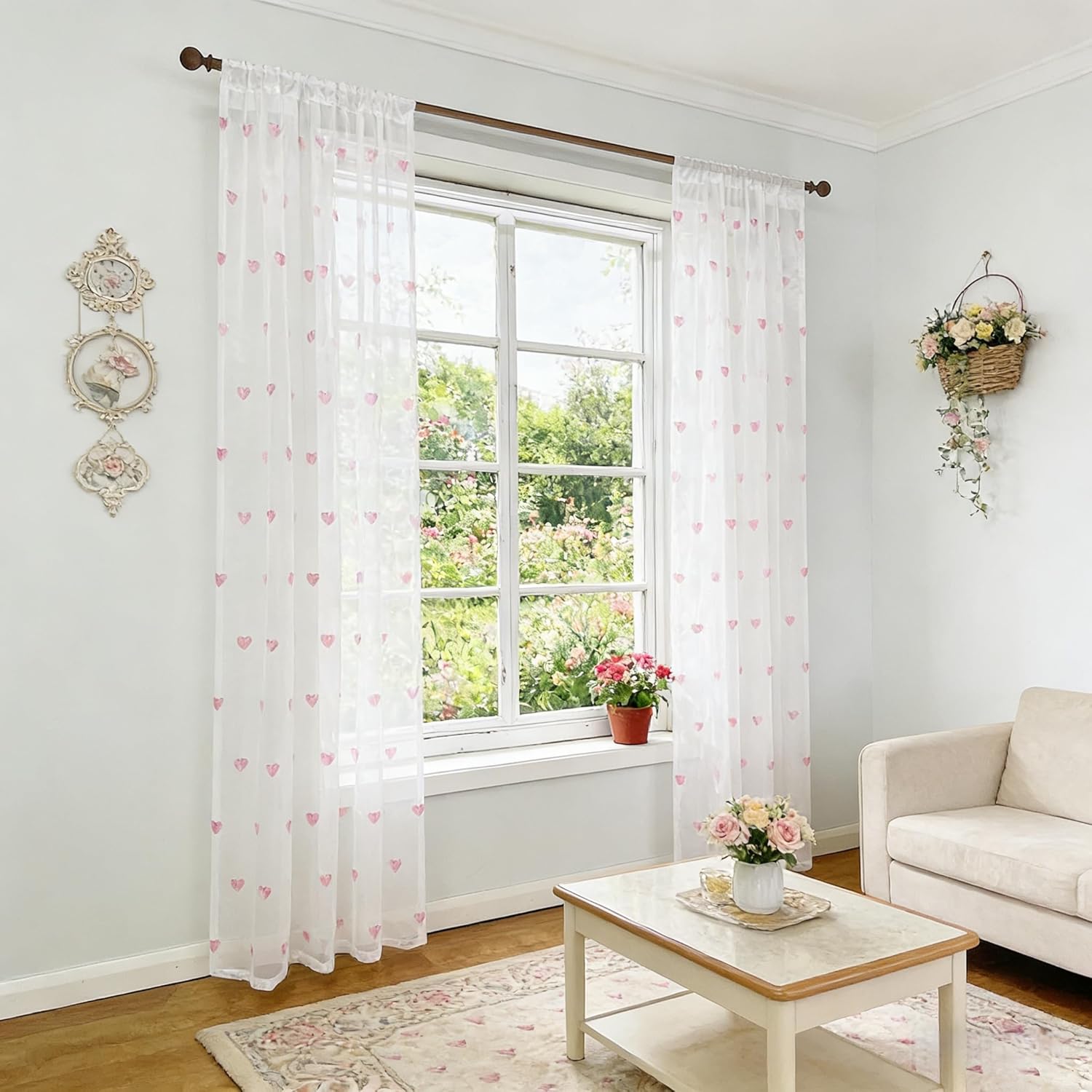 Gxi Valentine's Day White Sheer Curtains for Living Room, Pink Love Heart Embroidery Curtains 2 Panels Sets, Romantic Transparent Curtain for Bedroom Dining Room,Each 79 x 102 inch