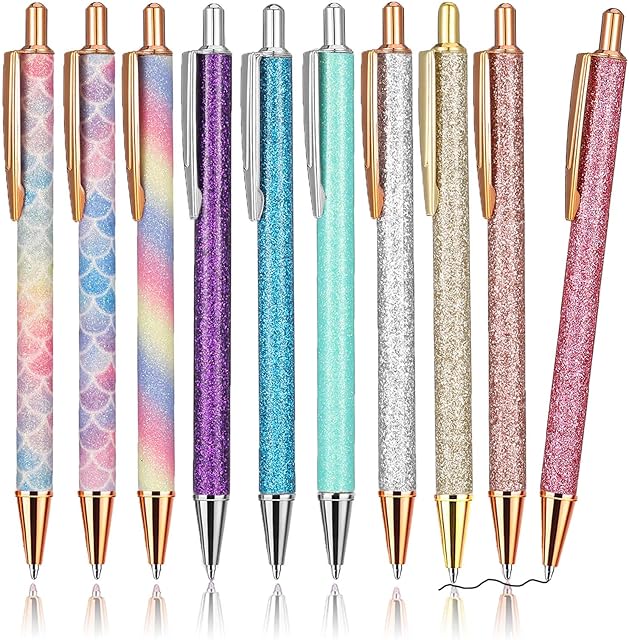 Firtink 10 Pieces Ballpoint Pens, 1.0 mm Click Retractable Ballpoint Pens Metal Pens Glitter Retractable Pen, Black Ink Medium Point Gift Pens for Men, Women, Students