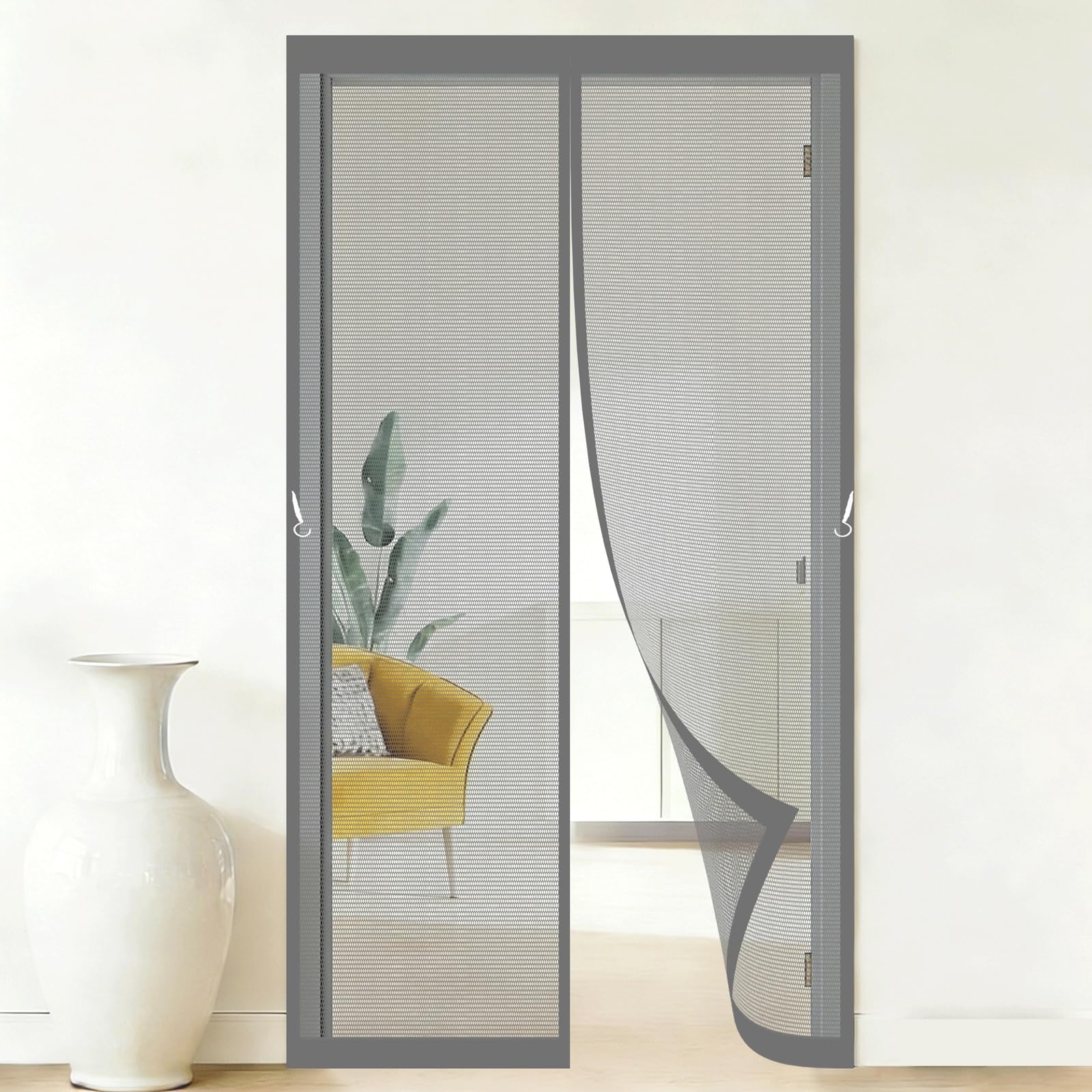Pshzhim Grey Fly Screens For Doors 150 X 200 Cm Self-Sealing Mesh Powerful Magnets And Adhesive Strips, Hands-Free Closing Magnetic Fly Screen Doors For Outdoor, Gym, Sun House Porch,