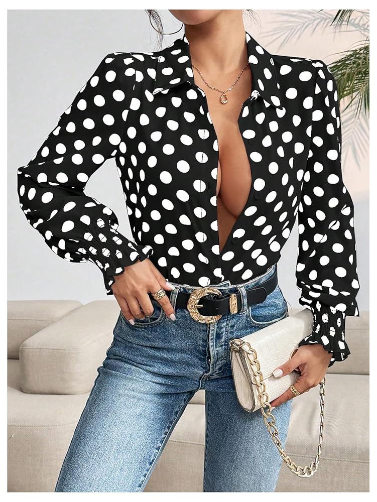 トップス JACQUARD DOT TRIPLE FRILL TOPS ZOOMOON Women's Polka Dots Blouse Puff Ruffle Long Sleeve