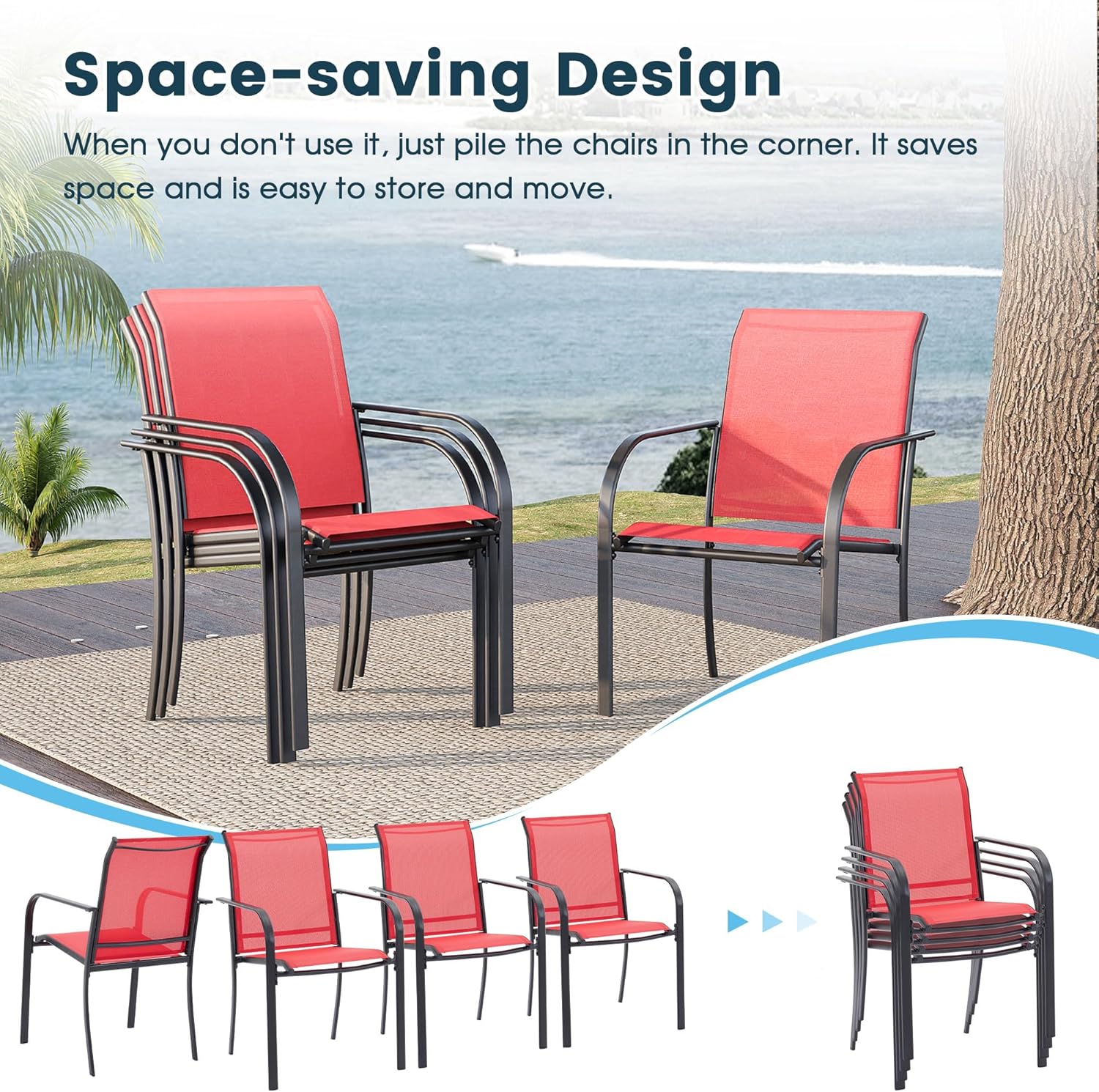 5 Pieces Patio Dining Set, 38" Square Dining Table with Umbrella Hole, 4 Stackable Textilene Fabric Chairs, Metal Structure for Patio, Porch, Garden(Black Table, Red Chair)