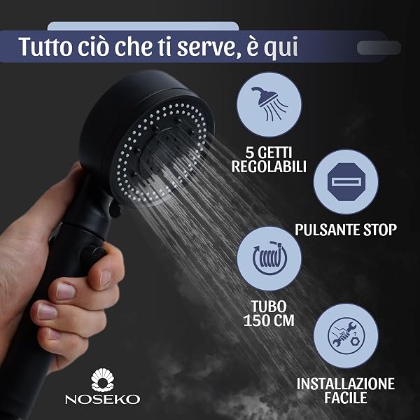Soffione Doccia Alta Pressione a 5 getti, con Tubo 150 cm, Supporto Adesivo e Pulsante Stop - Attacco Universale G1/2 Anticalcare - 4