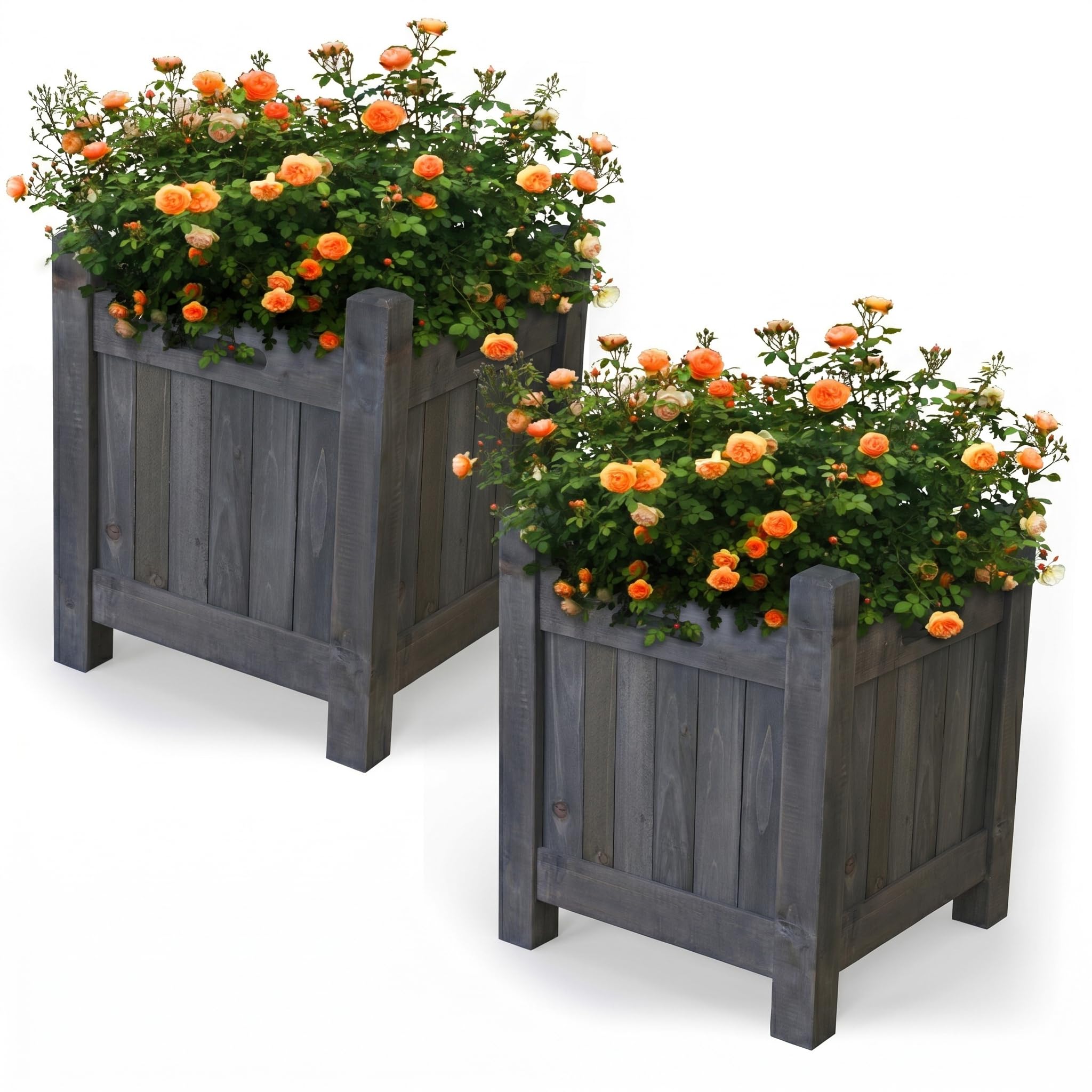 Vivo Technologies Set of 2 Square Wooden Planters Outdoor Garden Planter Box Planting Raise Bed Plants Flowers Plant Pot Natural Long Wood Pot,30x30x38 cm, Grey โ image 1