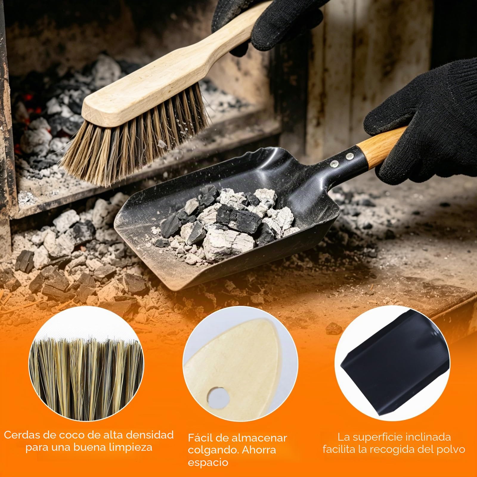 Qivine Pala para Chimenea y Cepillo, Recogedor para Chimenea con Cepillo, Conjunto de Recogedor y Escobilla con Guantes, para Estufas Barbacoas Chimenea