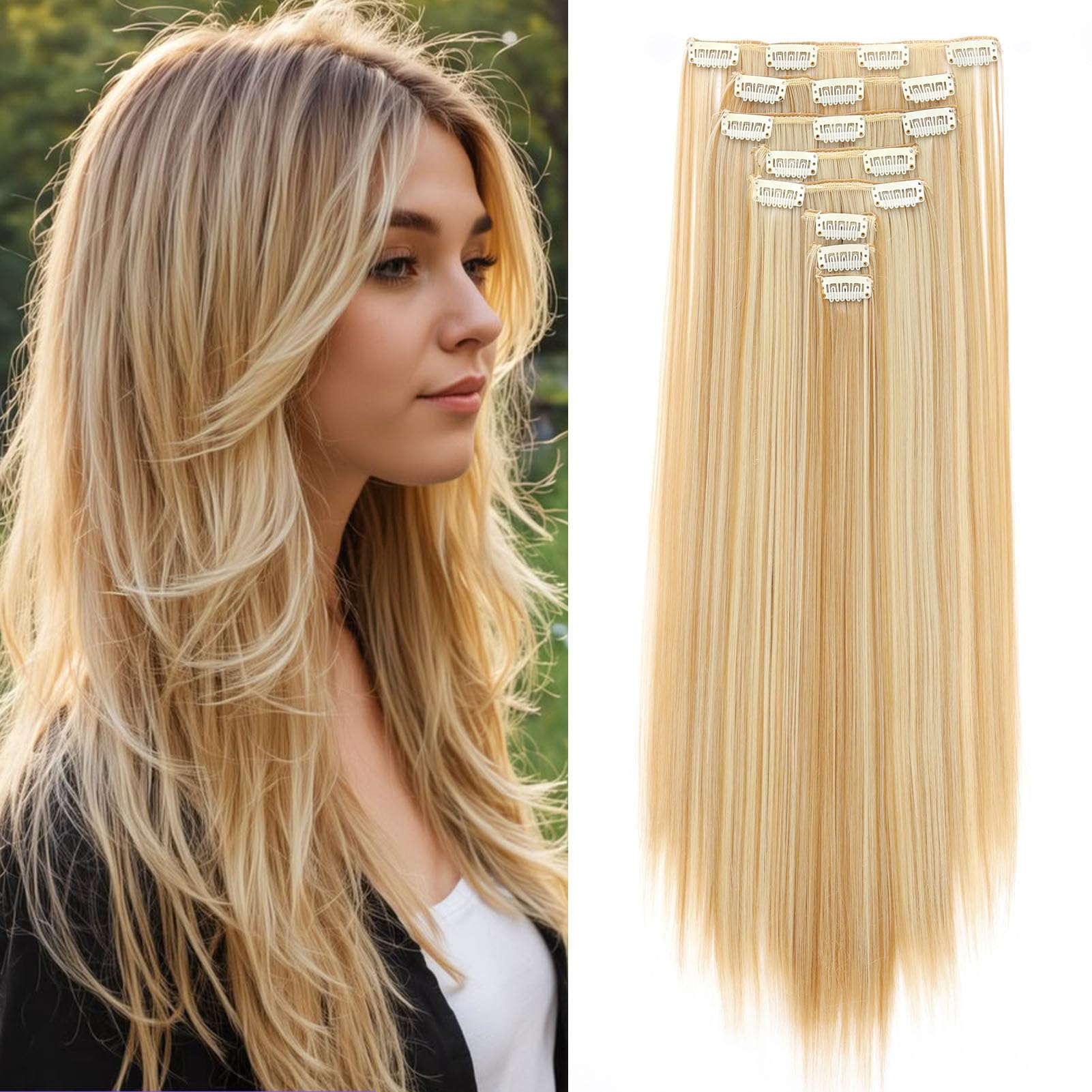 Cybelleza 60cm Extension Capelli Clip Lisci Meches 8PCS Extension a Clip Posticci per Capelli Sintetici Dritti Naturale Clip in Hair Extensions per Donna (Bionda scura & bionda candeggina)