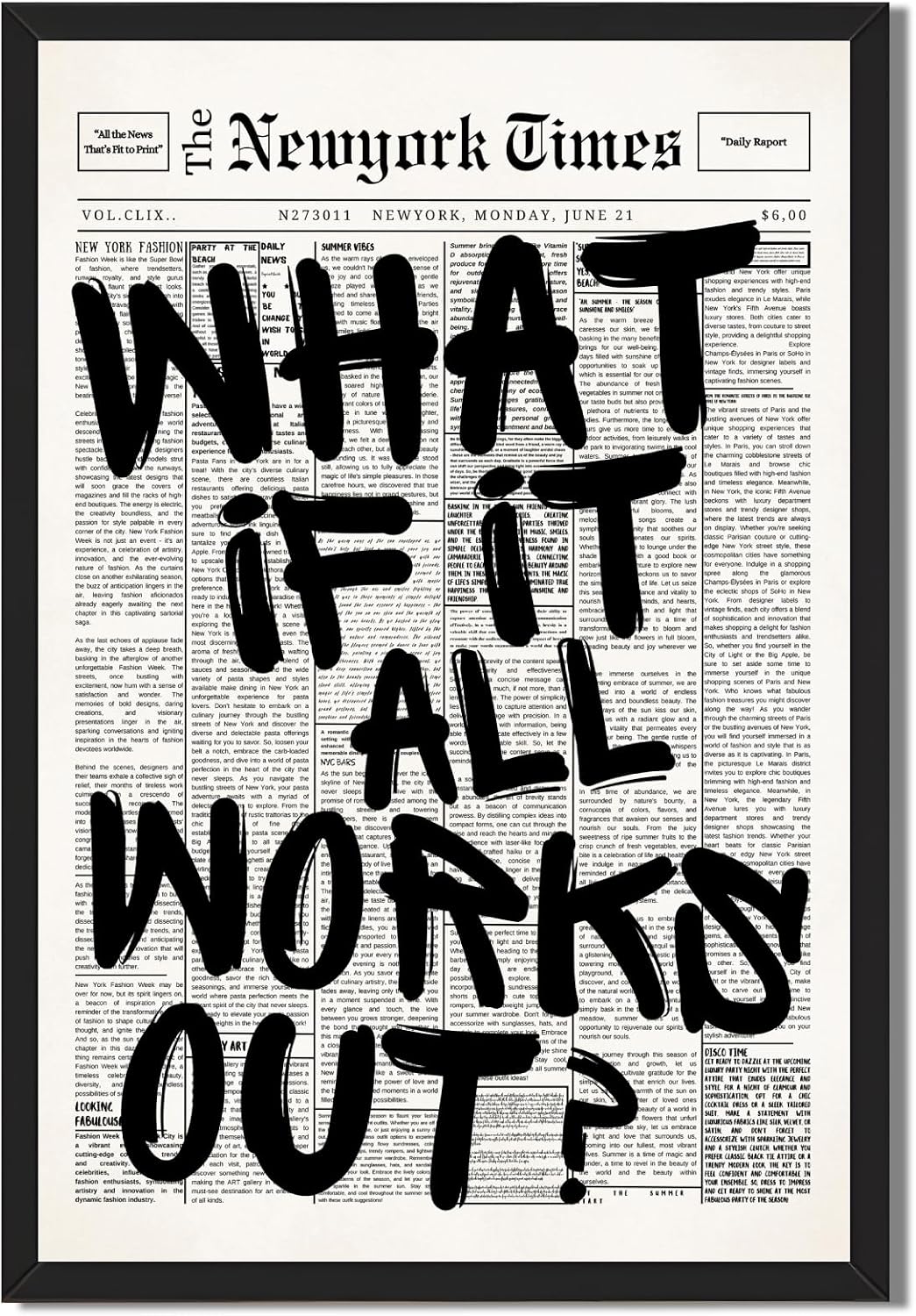 What If It All Works Out Wall Art Framed Black and White Posters Retro Newspaper Canvas Print Positive Motivational Wall Decor Inspirational Quote Affirmation Picture for Office Bedroom Dorm 8x10inch