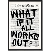 What If It All Works Out Wall Art Framed Black and White Posters Retro Newspaper Canvas Print Positive Motivational Wall Decor Inspirational Quote Affirmation Picture for Office Bedroom Dorm 8x10inch