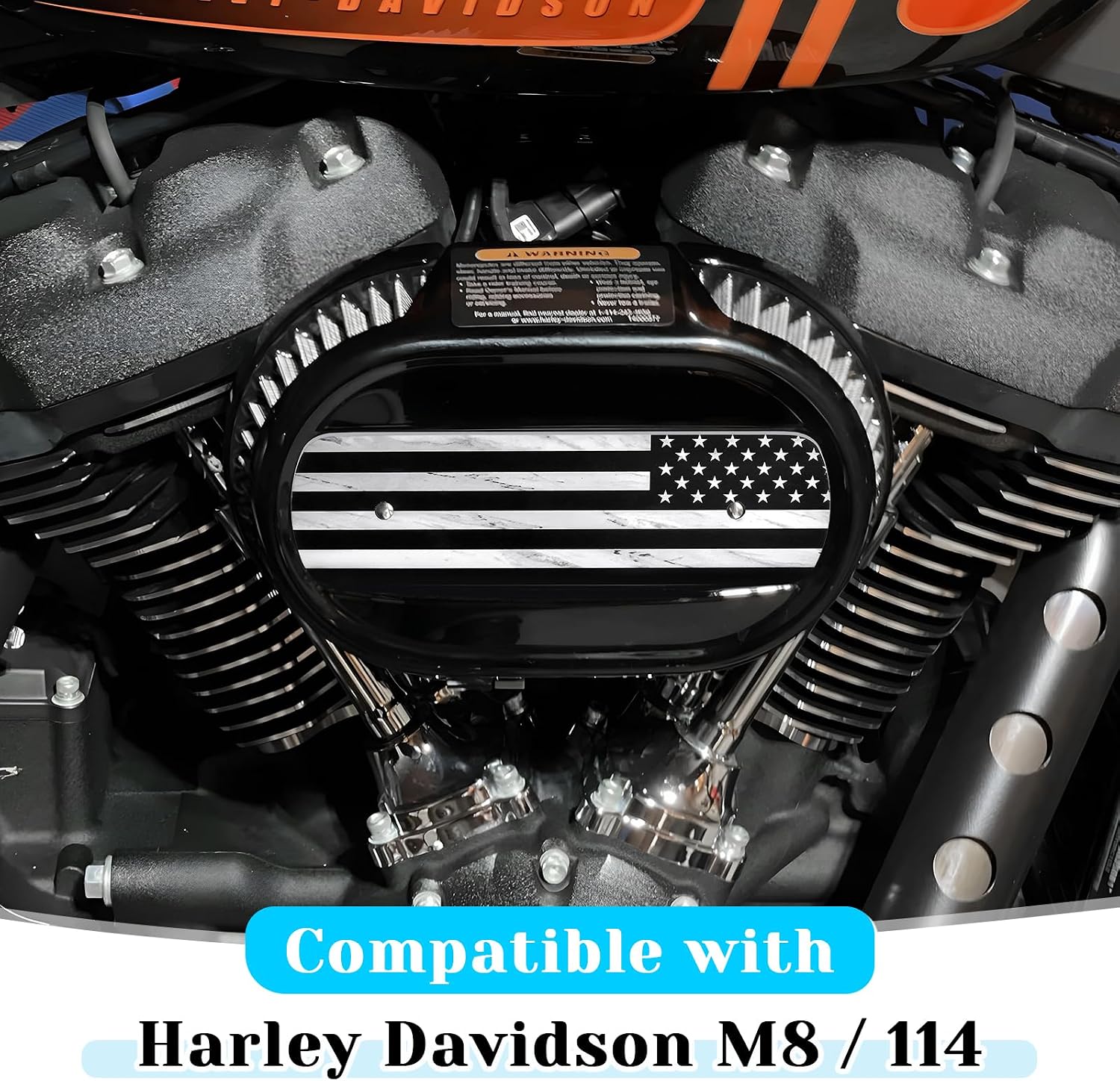 American Flag Air Cleaner Cover Insert, Compatible with Harley Davidson M8 / 114 Replacement Accessories, Black and Grey Flag