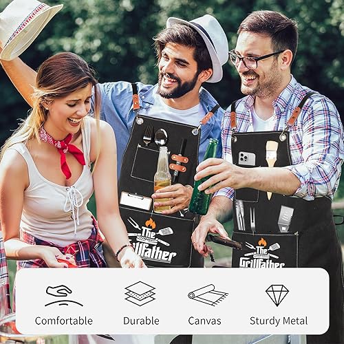 Miniatura 6 de Delantales de parrilla para hombres, espalda de Cnavas Corss con bolsillos grandes, delantales de chef ajustables, regalos divertidos para hombres
