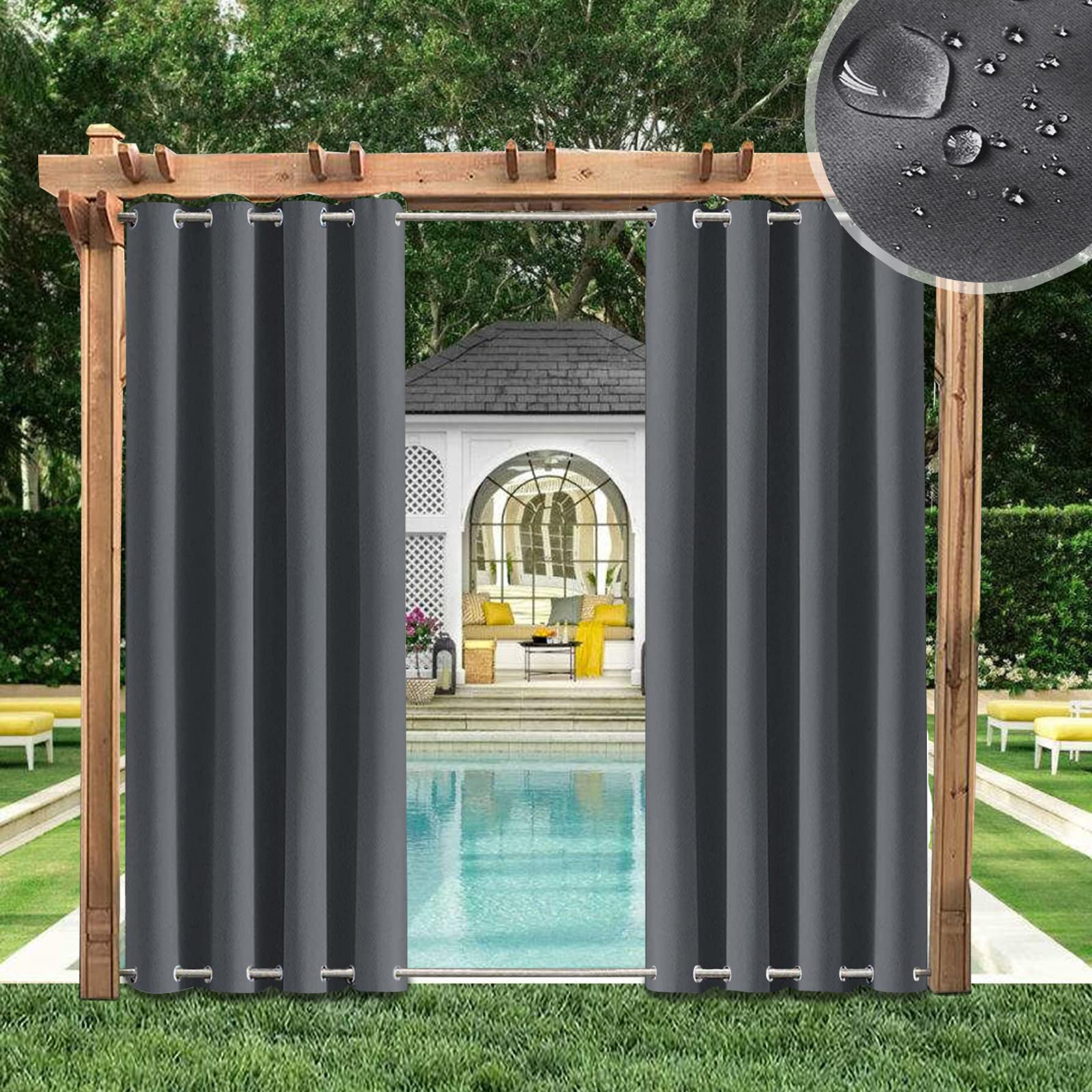 Outdoor Vorhänge Wasserdicht, Winddicht Outdoor Gardinen mit Ösen Oben und Unten, Blickdicht Vorhang UV Schutz Verdunkelungsvorhänge für Balkon Garten Hof (Dunkelgrau, 1 Stück/ 132 X 275 cm)