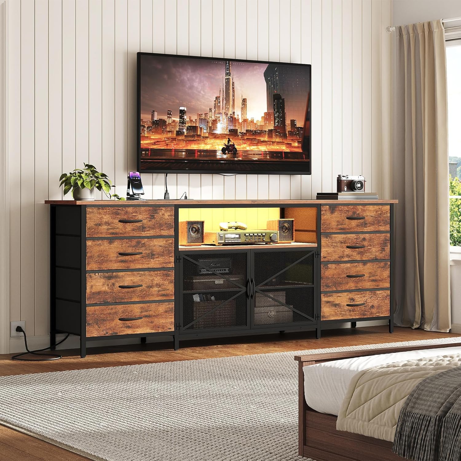 RALGEND 55" TV Stand for Living Room, LED Small Entertainment Center with Power Outlet, 8 Storage Drawers Media Console for 43/50/60 Inch TV, Farmhouse TV Stands Furniture, Rustic Brown