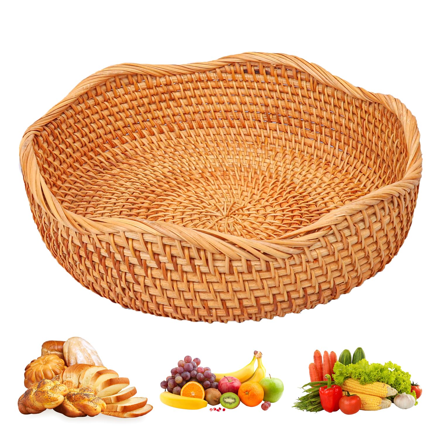 Cestas de pan de ratán hechas a mano, auténticas cestas de servir tejidas a mano para cocina, cuencos redondos de almacenamiento de frutas, elegante organizador de encimera de cocina para