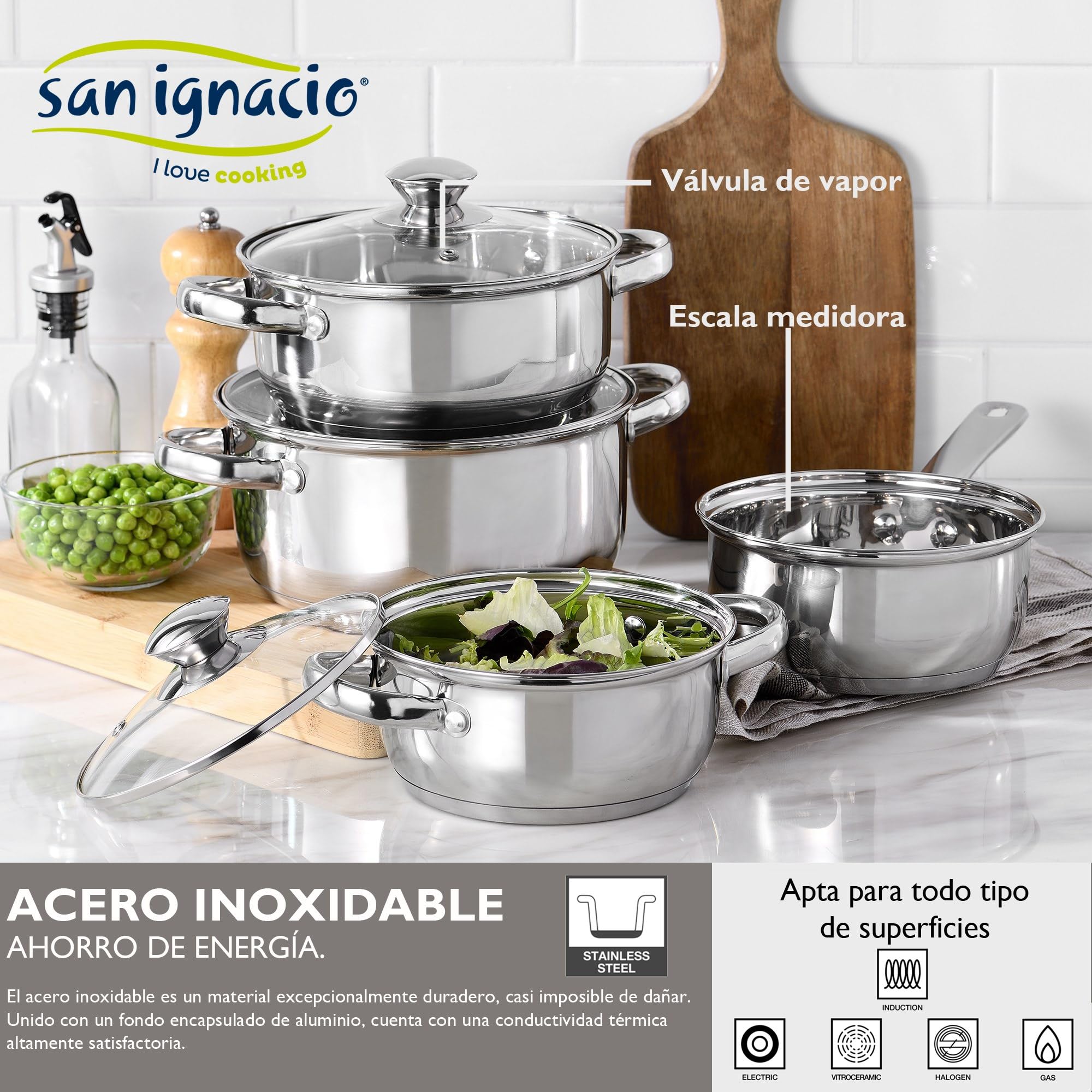 San Ignacio - Cocina - Batería 7 piezas Faro y Set 3 sartenes Ø16/Ø20/Ø24 cm, aluminio prensado, antiadherente, inducción, Negro