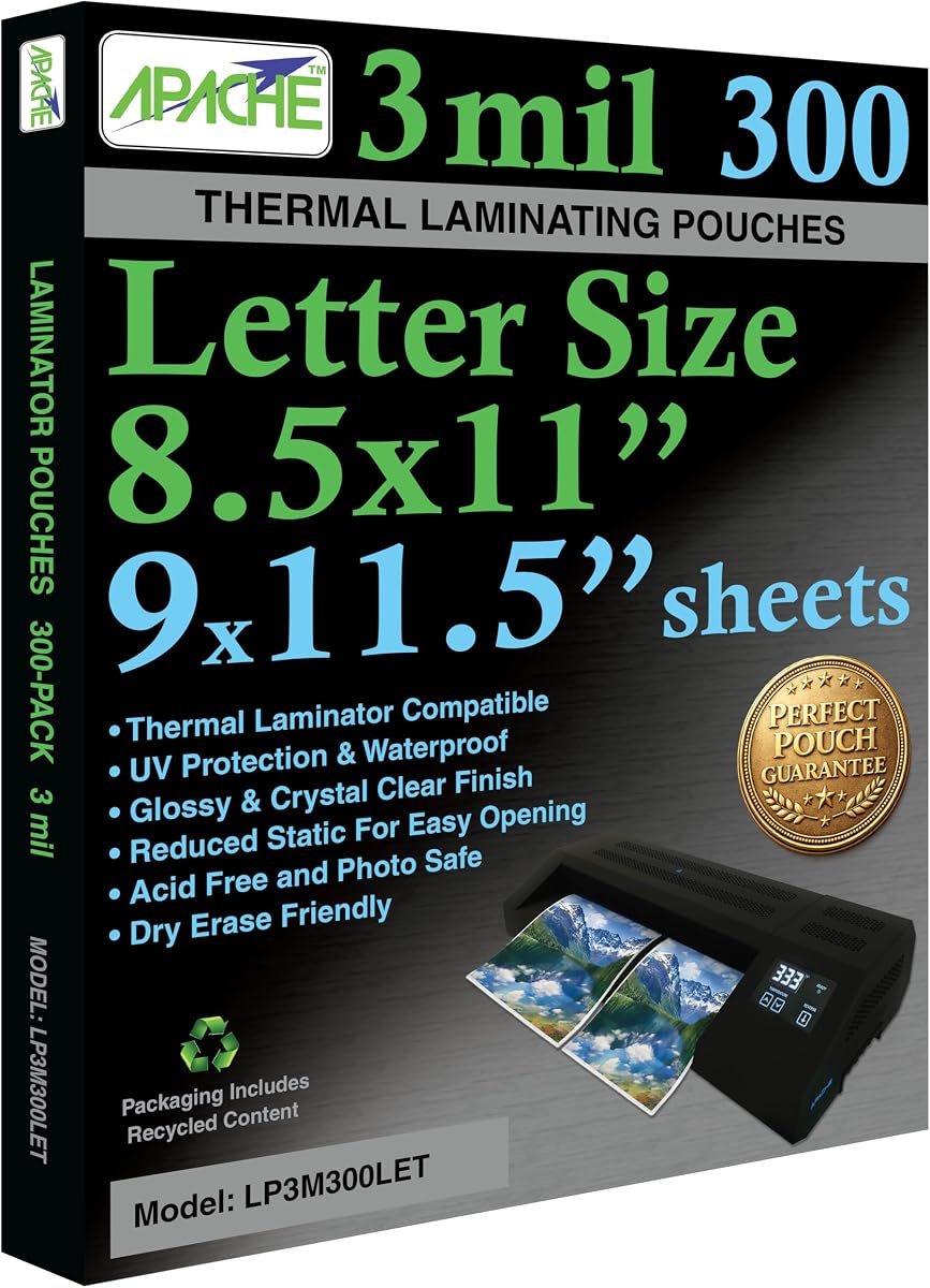 Apache Letter Size Laminating Pouches, 3 Mil, 300 Pack, Holds 8.5 x 11 Inch Projects (9 x 11.5 Inch Pouch Size), Thermal Laminator Compatible Laminating Sheets, Super Clear, Round Corners