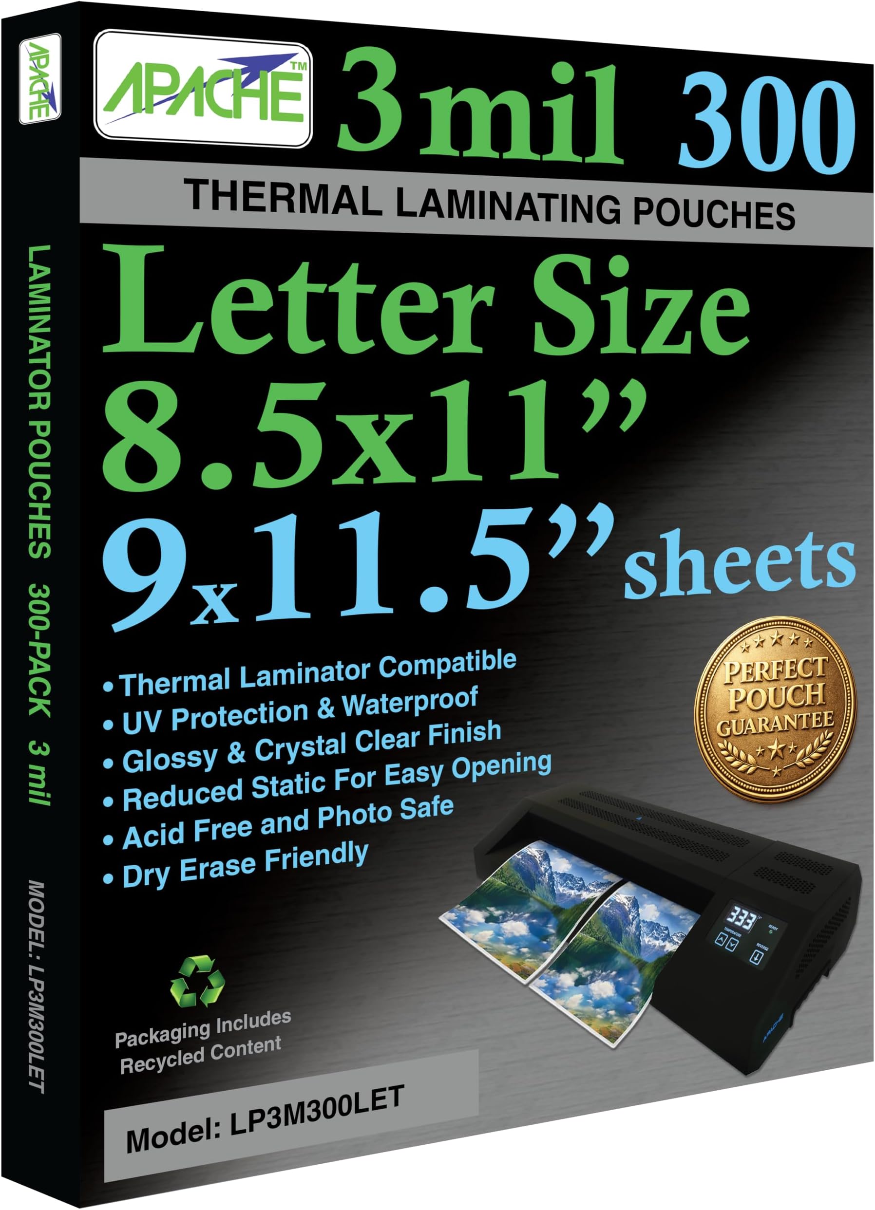 Apache Letter Size Laminating Pouches, 3 Mil, 300 Pack, Holds 8.5 x 11 Inch Projects (9 x 11.5 Inch Pouch Size), Thermal Laminator Compatible Laminating Sheets, Super Clear, Round Corners