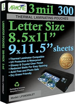Apache Letter Size Laminating Pouches, 3 Mil, 300 Pack, Holds 8.5 x 11 Inch Projects 9 x 11.5 Inch Pouch Size, Thermal Laminator Compatible Laminating Sheets, Super Clear, Round Corners