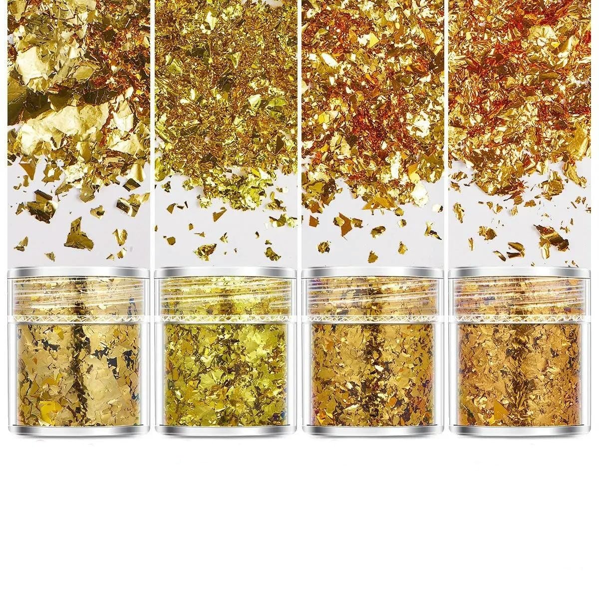 ROCKPOEM 4pcs Gold Leaf Sheets, Flakes, and Glitter for DIY Craft Projects, Nail Art, Jewelry Making - 29x25mm Gold Foil Paper
