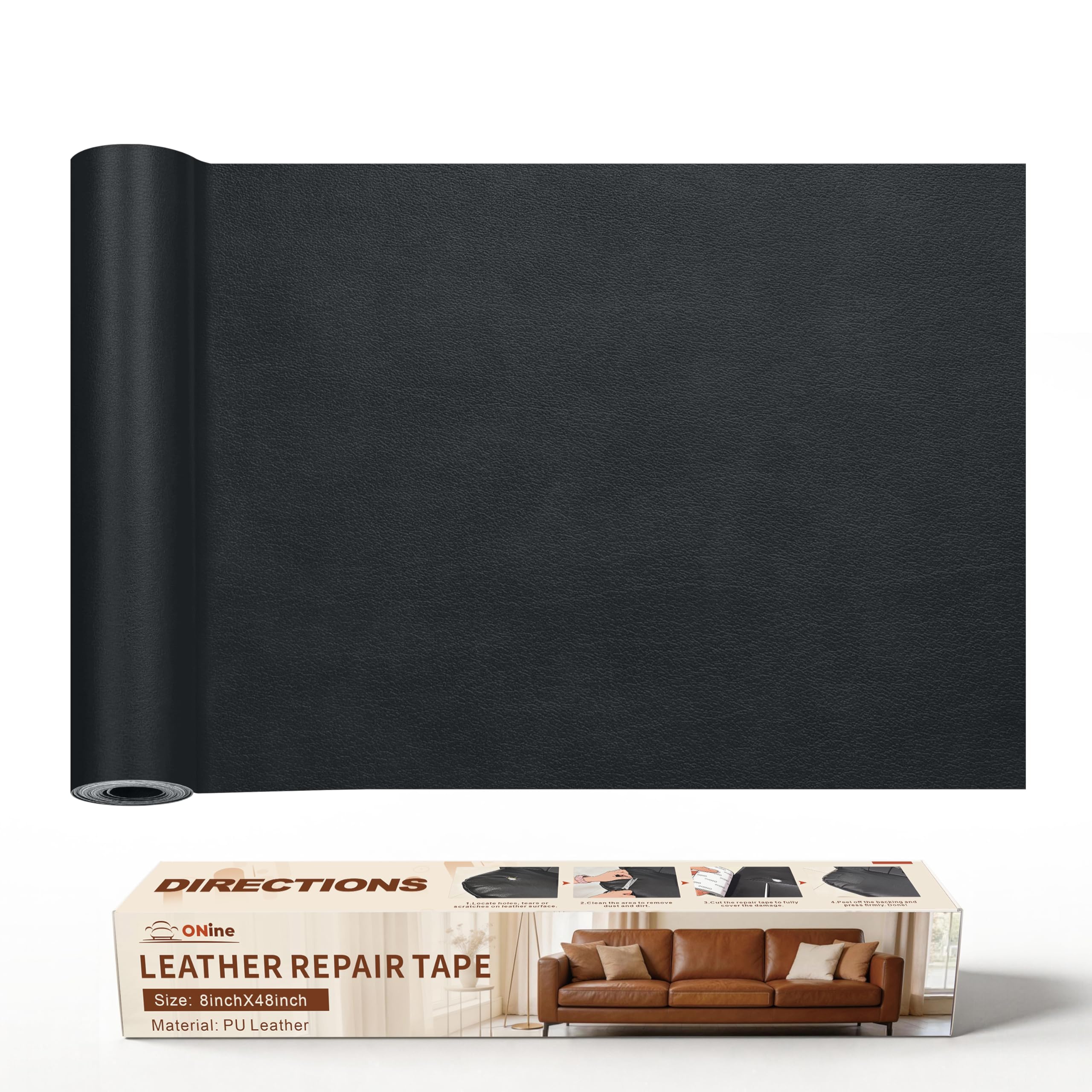 ONine Leather Repair Tape,Self Adhesive Leather Repair Patch,Leather Patches for Furniture,Sofa,Car Seats,Office Chair. Vinyl Repair Kit 8x48in(Dark Grey)