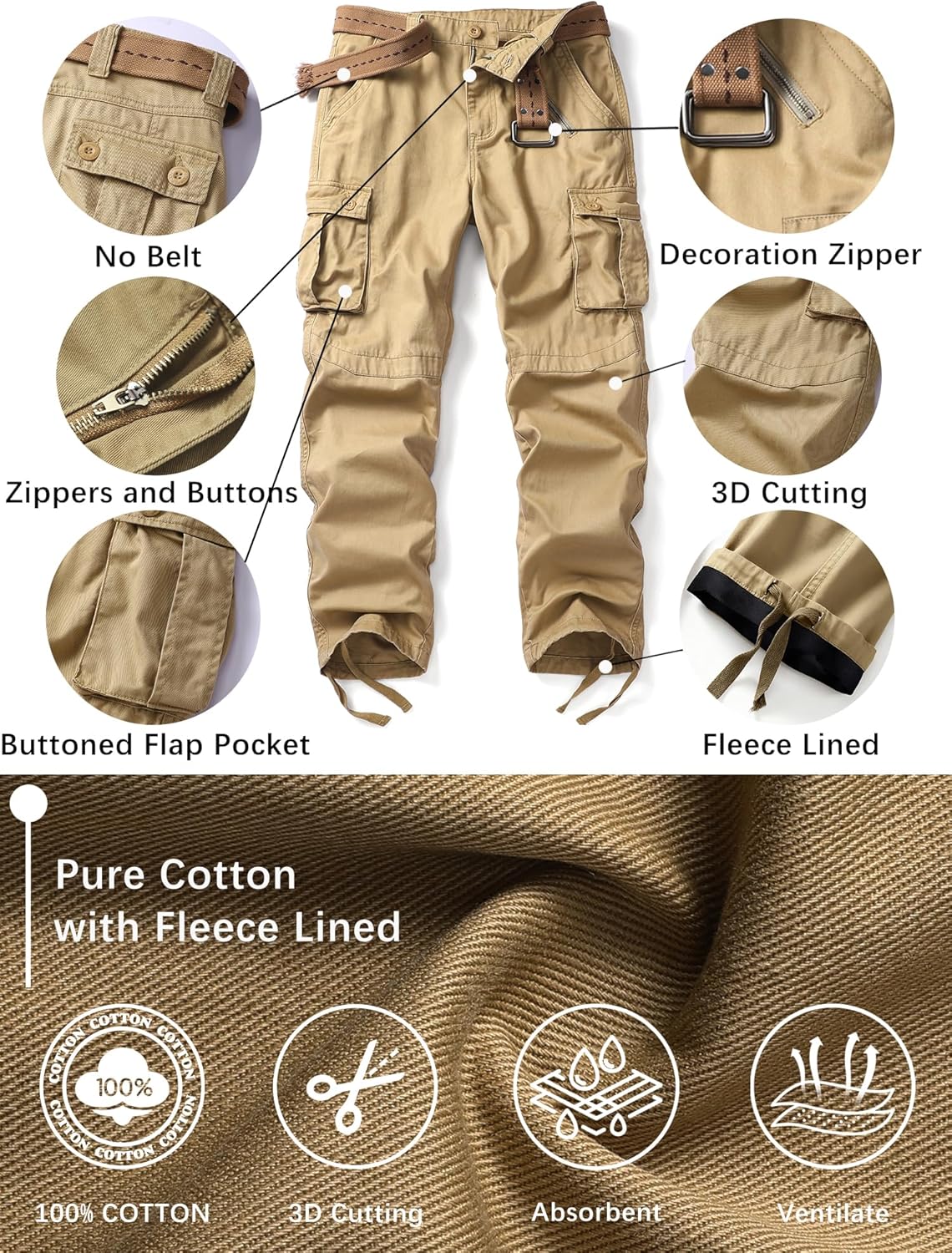 Men's Fleece Lined Outdoor Hiking Cargo Work Pants Casual Ski Ripstop Camo Trousers with 8 Pockets