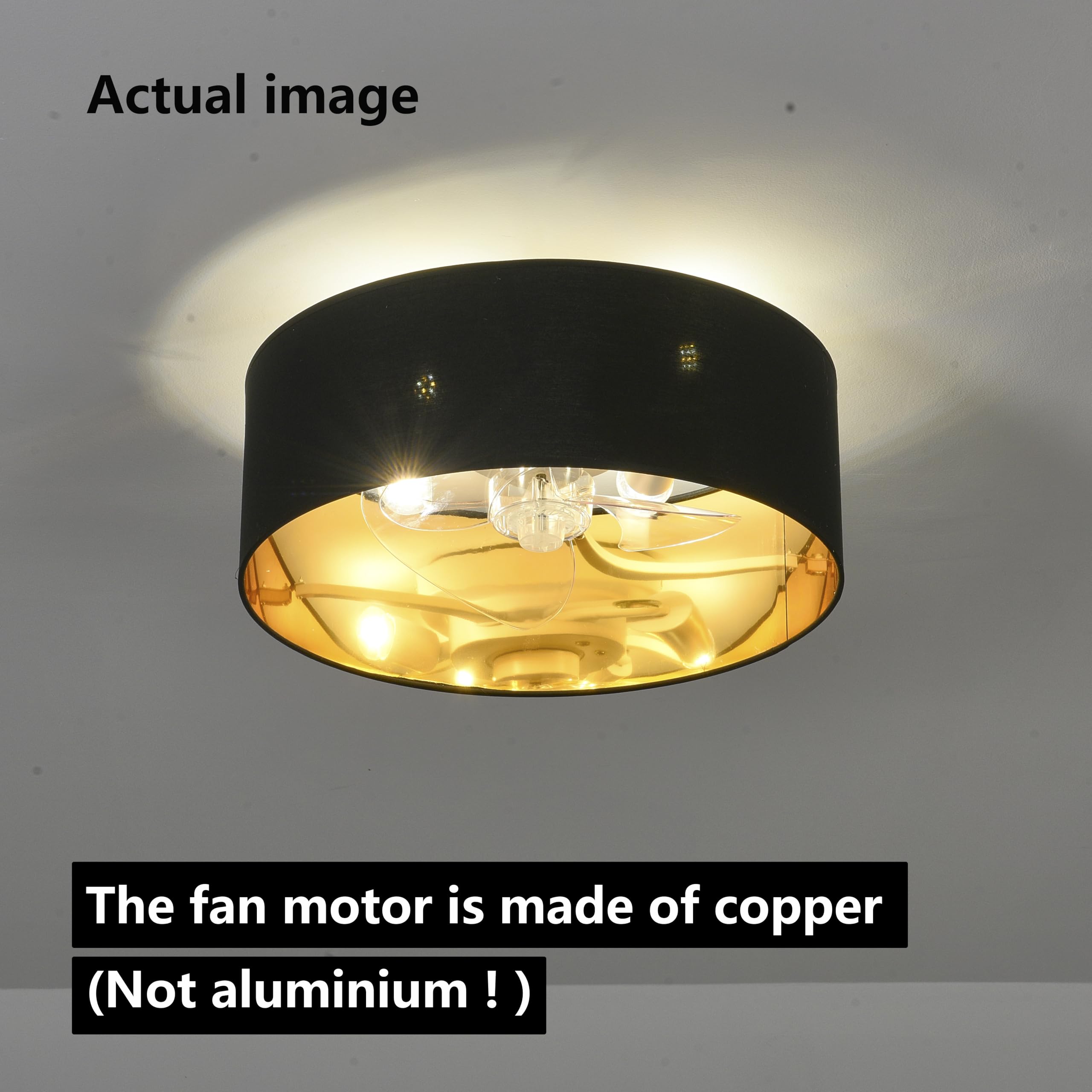 Eamonex Low Profile DC Small Black and Gold Ceiling Fan with Light