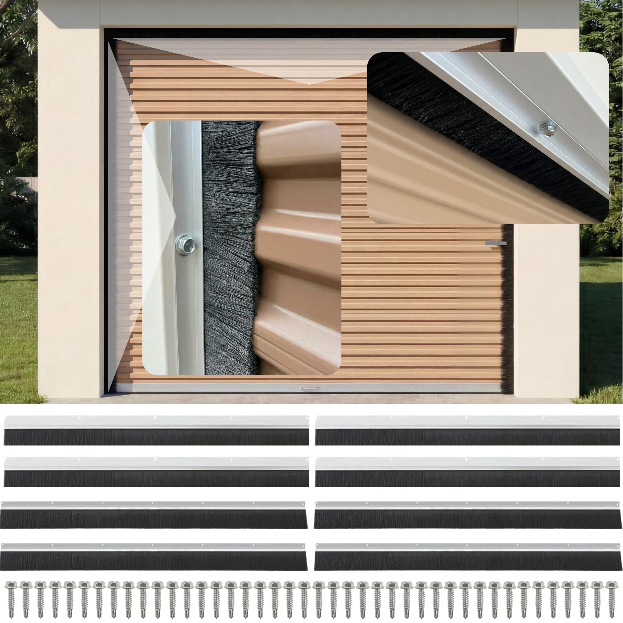 32 FT Garage Door Brush Seal Kit for 16'W X 8'H Doors, 2" High-Density Nylon Bristle with Pre-Drilled Aluminum Track, Complete Top and Side Weather Stripping for Double-Wide Doors