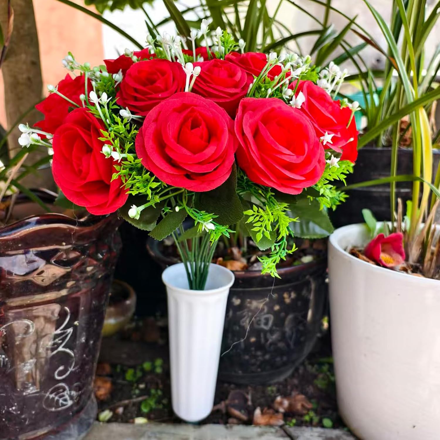 Set of 2 Cemetery Flowers for Grave, Red Silk Artificial Rose Memorial Arrangements for Headstones, Graveside Grave Vase Decorations, Outdoor UV Resistant Funeral Sympathy Flowers (red)