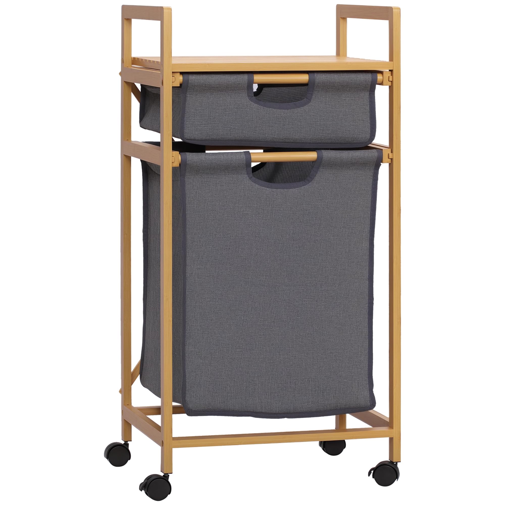 HOMCOM Mueble Cesto para Ropa Sucia de Bambú 2 Bolsas 42x35x84,5 cm Gris | Cesta para la Colada, 2 Bolsas de Tela Extraíbles, Estante Abierto, 2 Asas Laterales, 4 Ruedas