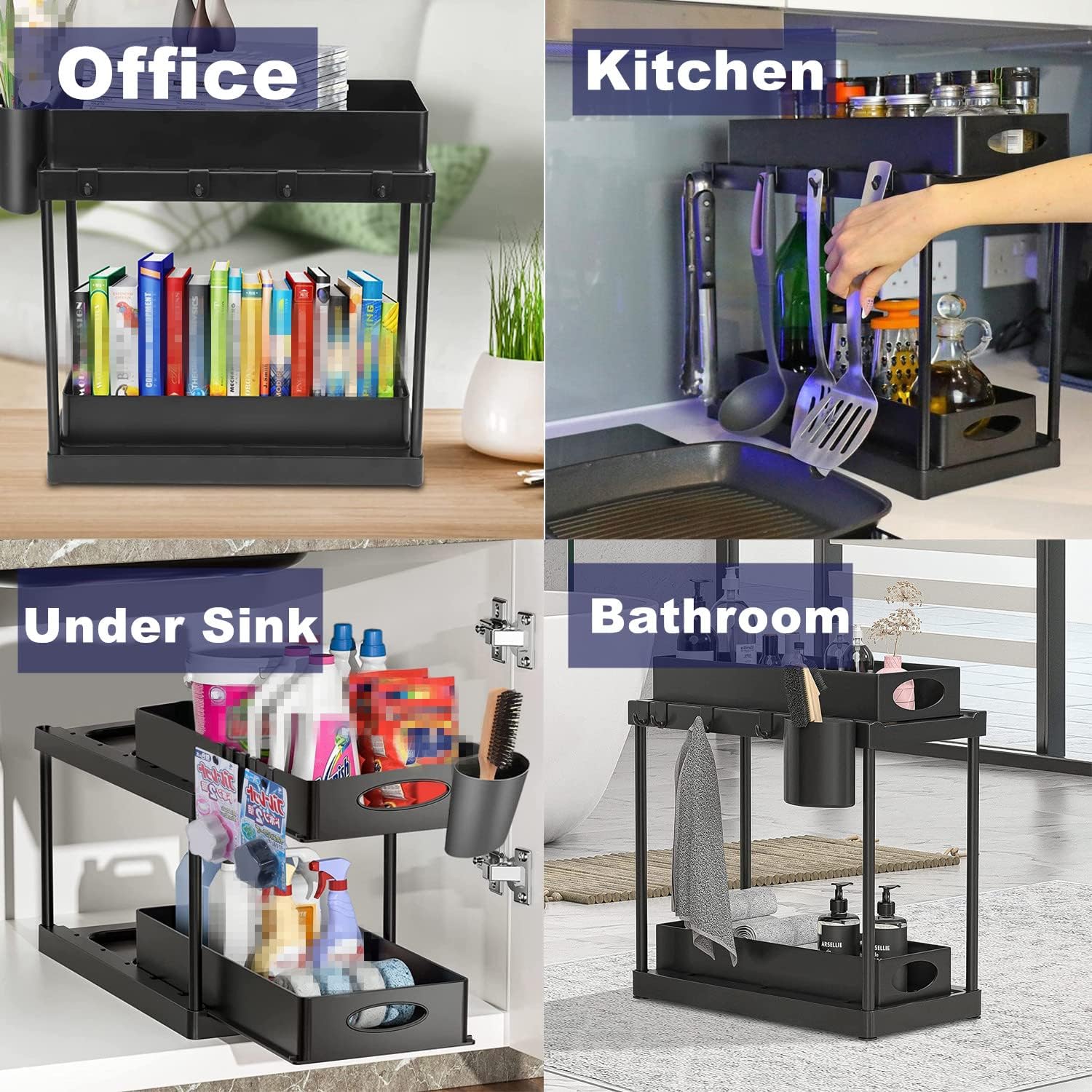 Double Sliding Cabinet Basket Organizer Drawers, 2 Tier Slide Out Under Sink Organizers Storage Under Cabinet Bathroom Organizer with Hooks & Hanging Cup for Kitchen Countertop (Black,2Pack)