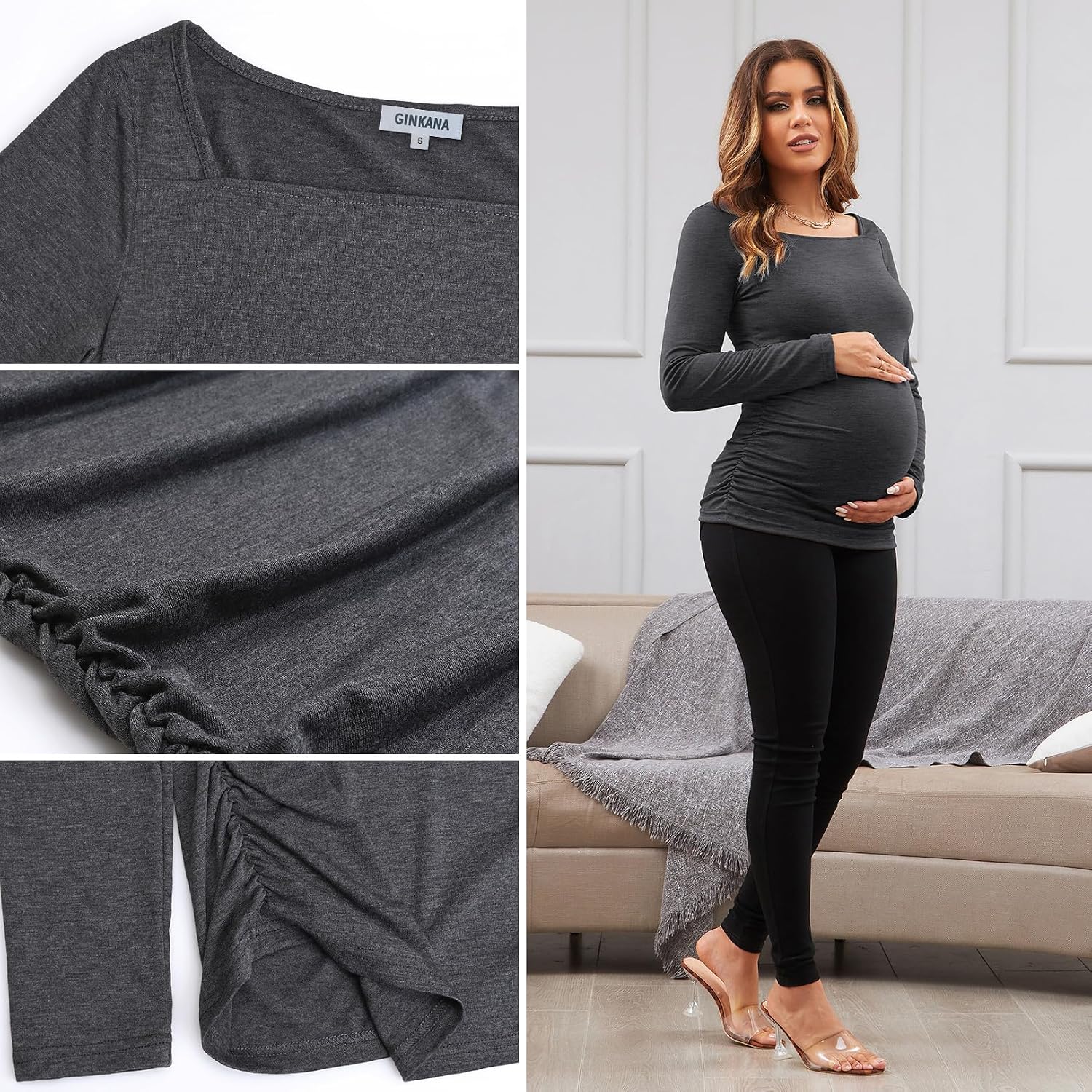 GINKANA Maternity Shirts Square Neck Slim Fit Tee Top Pregnancy Basic Long Sleeve Shirt for Daily Wear