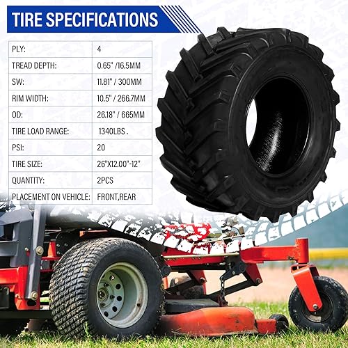 Miniatura 2 de SUNROAD 26x12.00-12 - Llantas de tracción para tractor de jardín y césped, neumáticos agrícolas 26x12.00-12 4 capas, paquete de 2