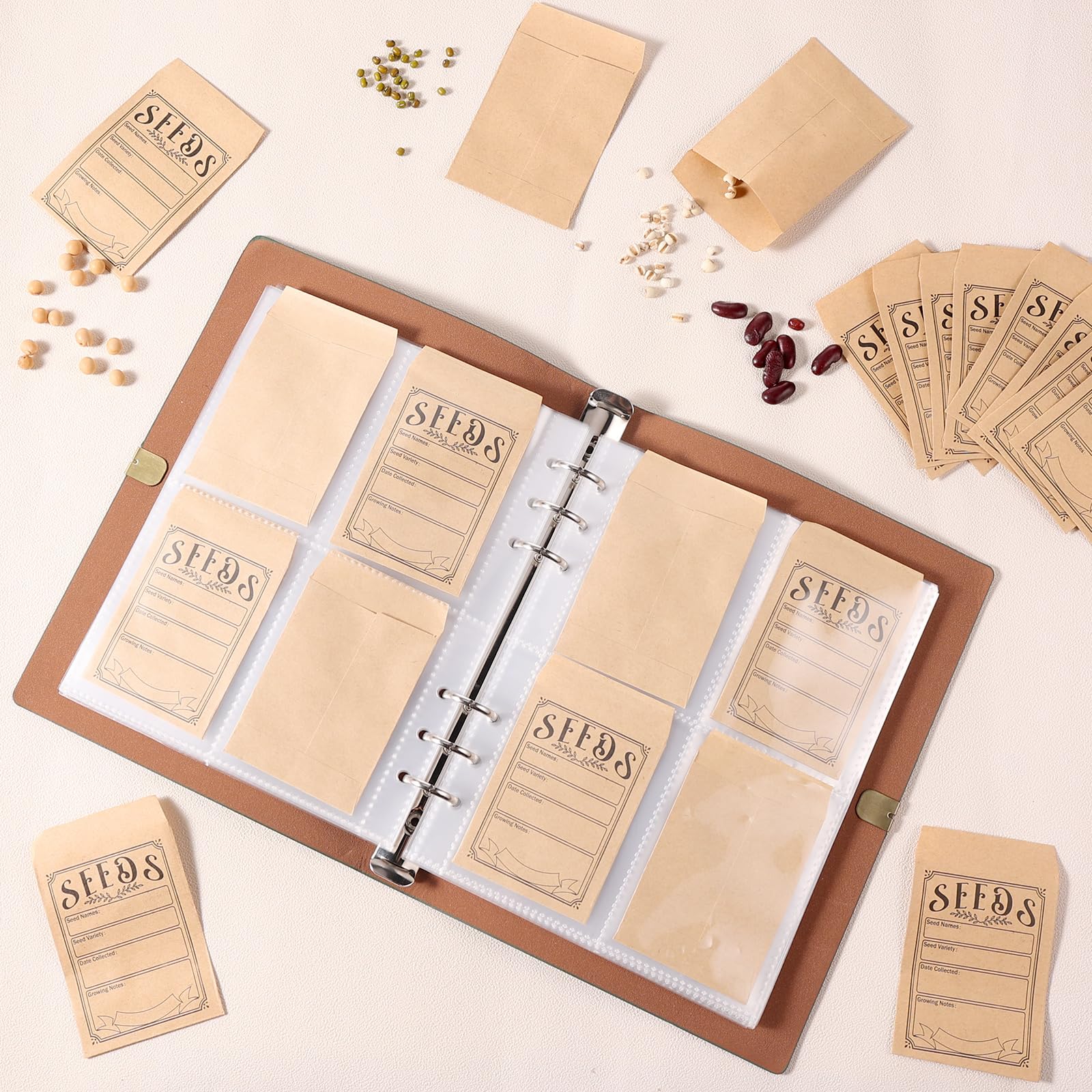 Carpeta organizadora de almacenamiento de semillas de jardín, 150 sobres de semillas resellables, carcasa marrón con 40 protectores de hojas para una organización eficiente de paquetes de semillas,