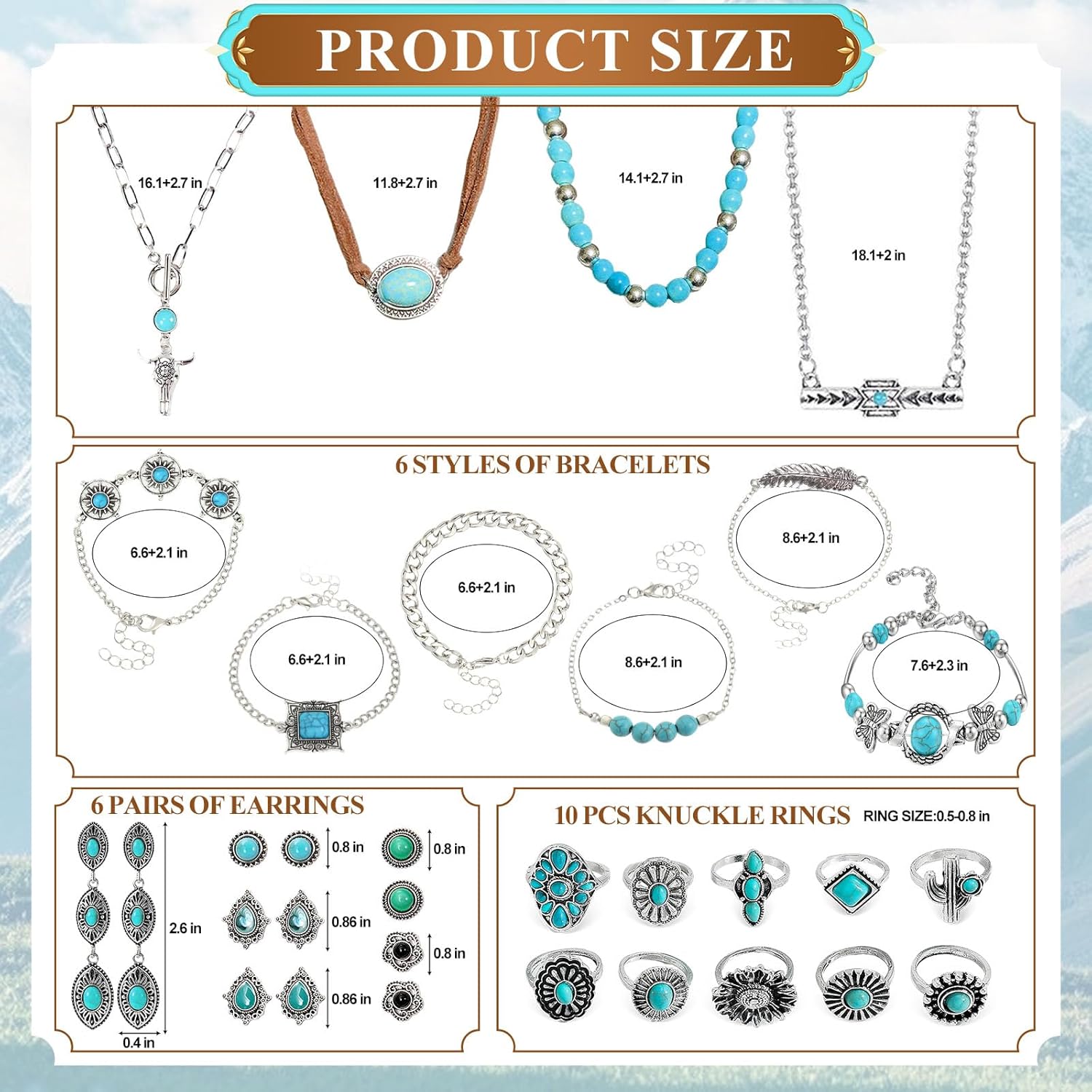 26 PCS Western Jewelry for Women with Layered Boho Necklace, Turquoise Stud Earrings, Bohemian Bracelet and Ring Set, Country Turquoise Cowgirl Jewelry for Women Gift - Image 2