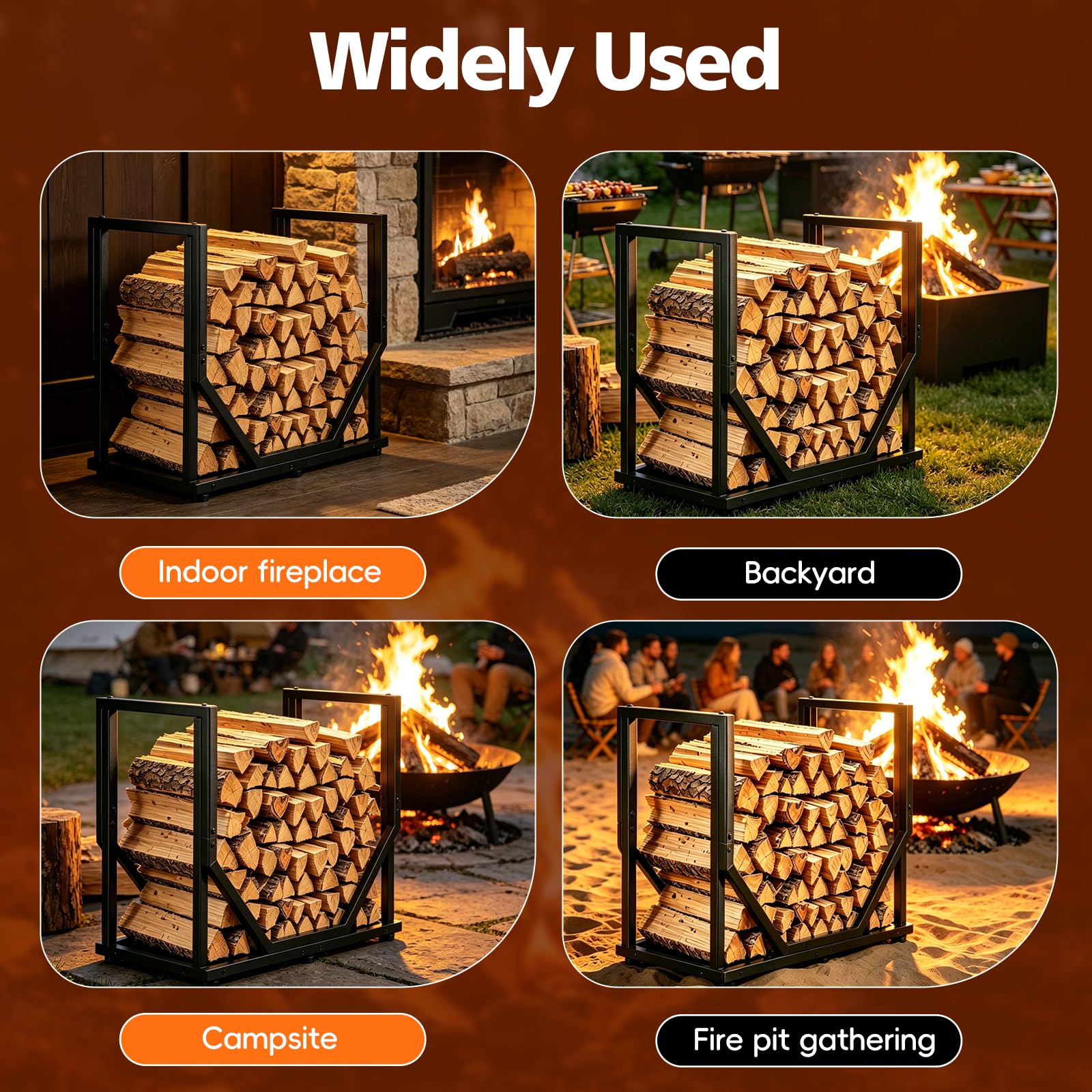 Holzstapelgestell für Außen und Innen, Schwerlast-Metall-Holzhalter für Kamin, stabiles Lagerregal für Holzscheite, rostfreies Holzregal, schwarzer Holzlager-Organizer