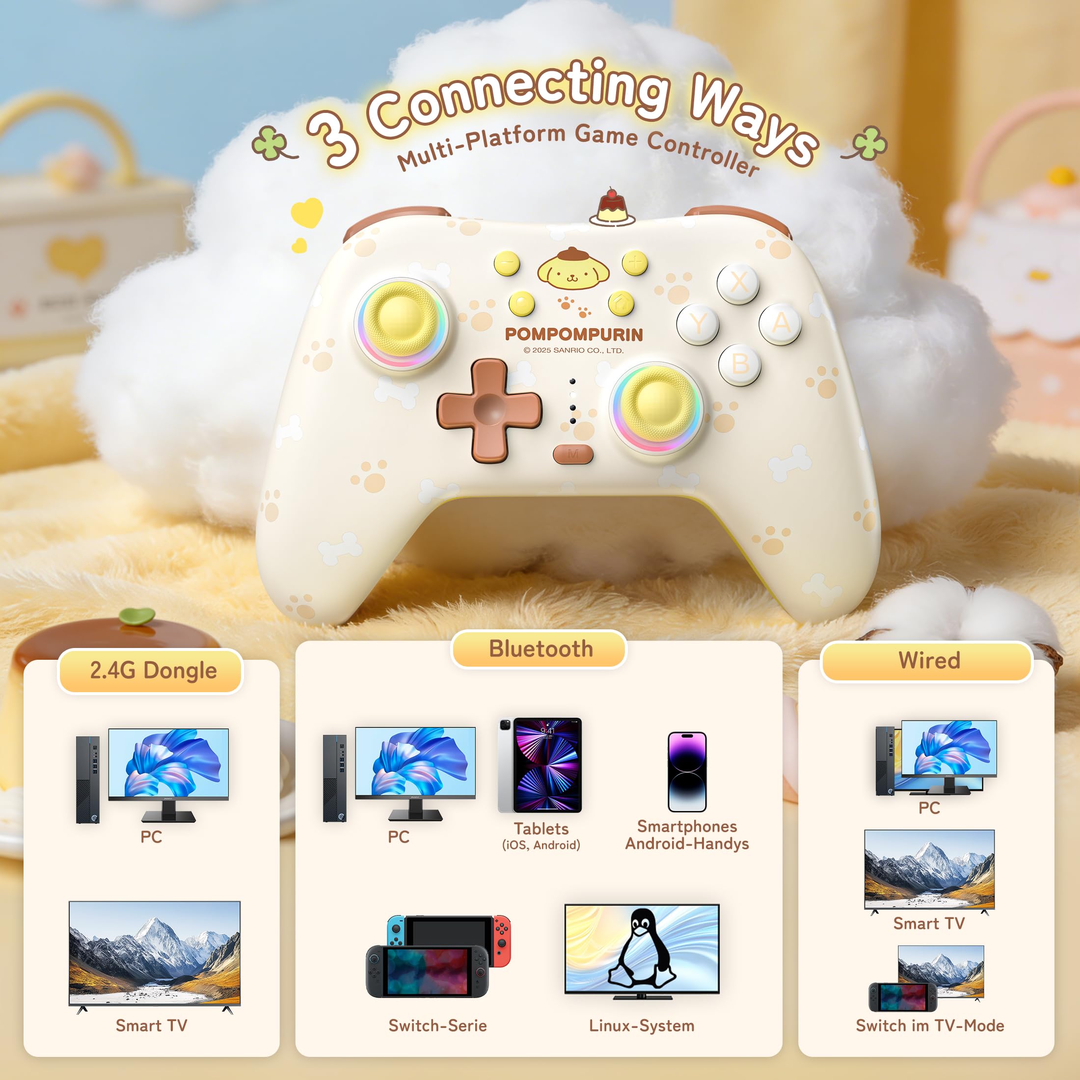 Kuitmor Controller Pro Giallo per Switch, Gamepad Wireless Carino con Effetto Hall Anti-drifting per Switch 2/Switch/OLED/Lite, PC/Steam, Android, iOS, Bluetooth + Cablato (Con Ricevitore)