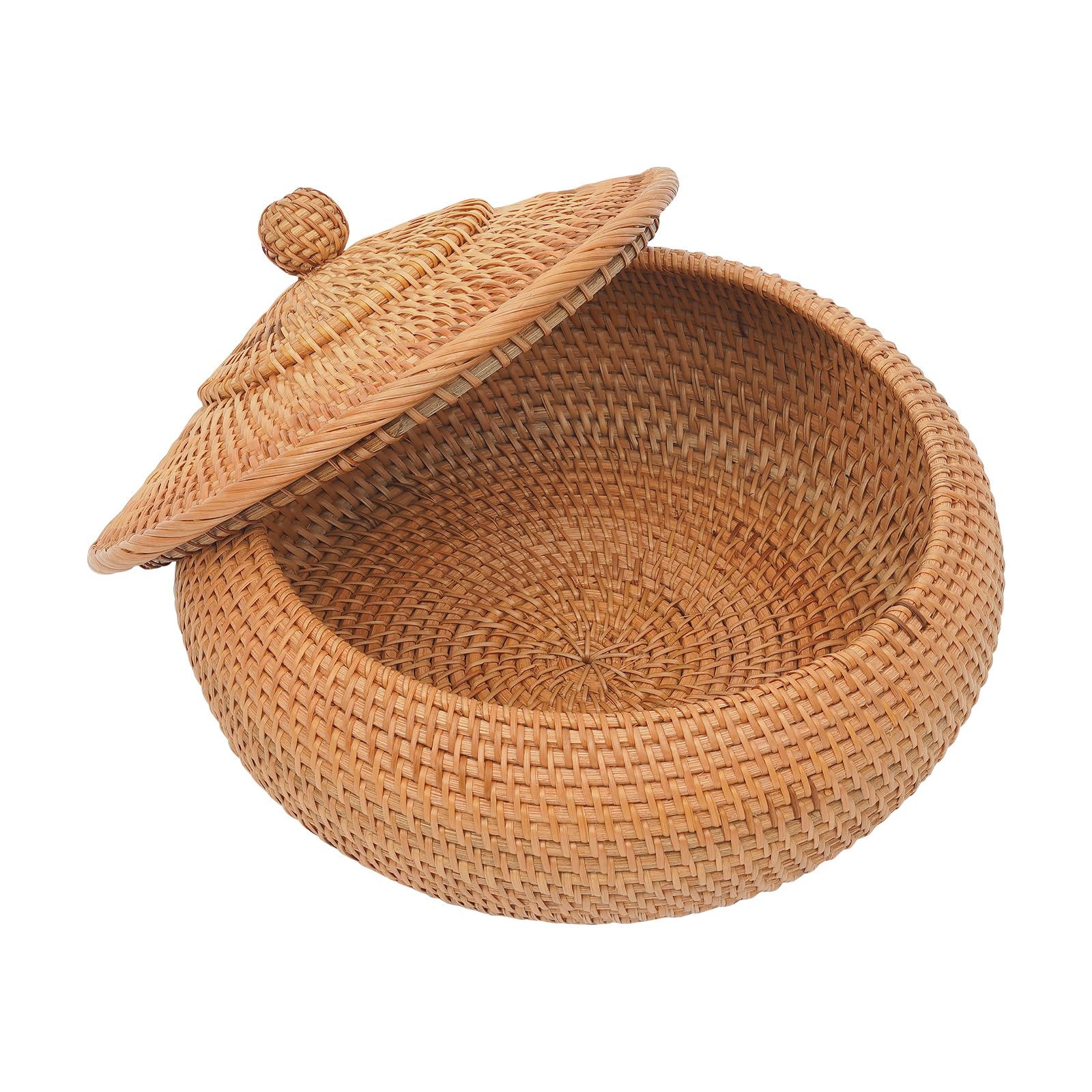 Okrągły rattanowy kosz do przechowywania, ręcznie tkany rattanowy kosz z pokrywką, naturalny kosz rattanowy na owoce, chleb, przekąski, klucze, biżuterię (B-28 x 13 cm)