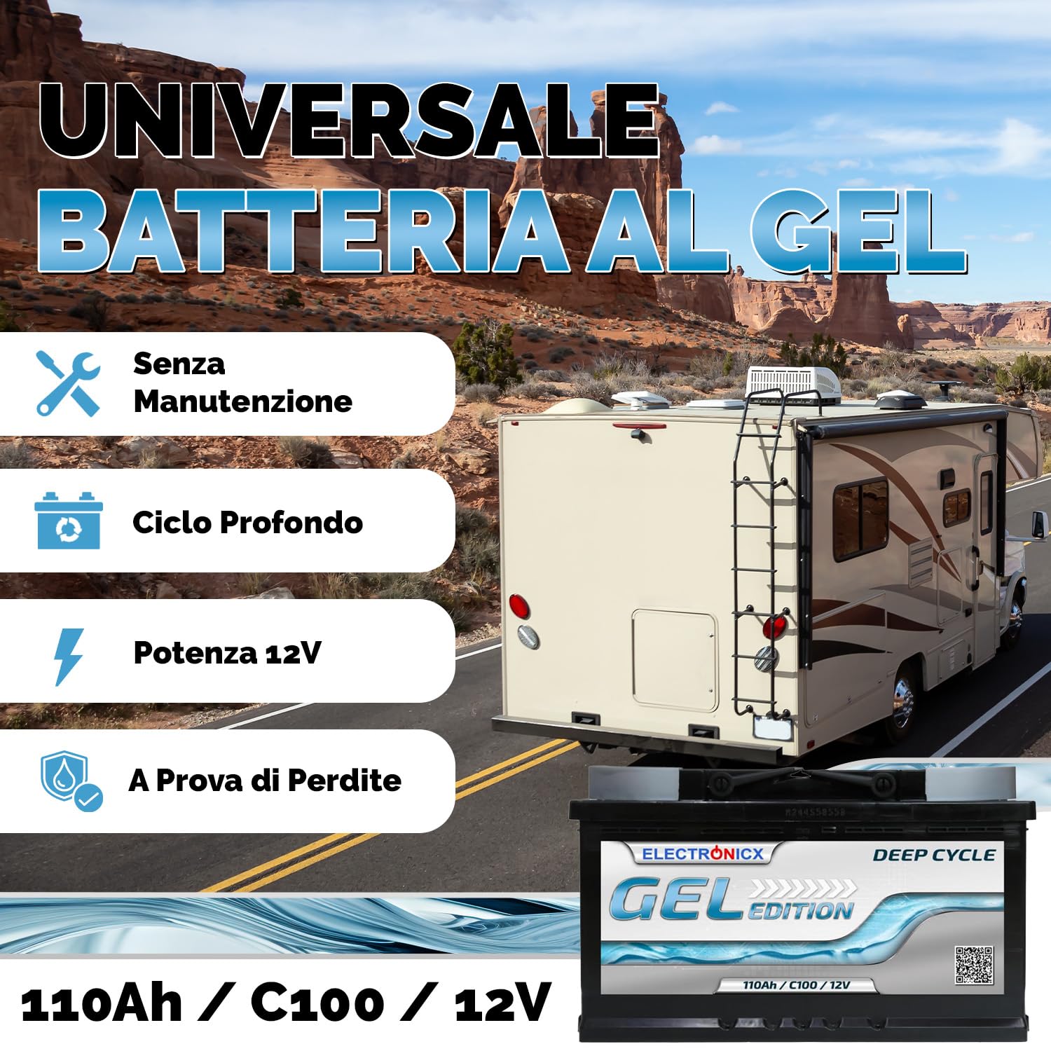 Electronicx Batteria di alimentazione GEL 12V 110Ah – Batteria GEL Deep Cycle 110 AH per camper, van, barca e impianto solare. Dimensioni: 315×175×190mm, riempita e carica, polo positivo a destra