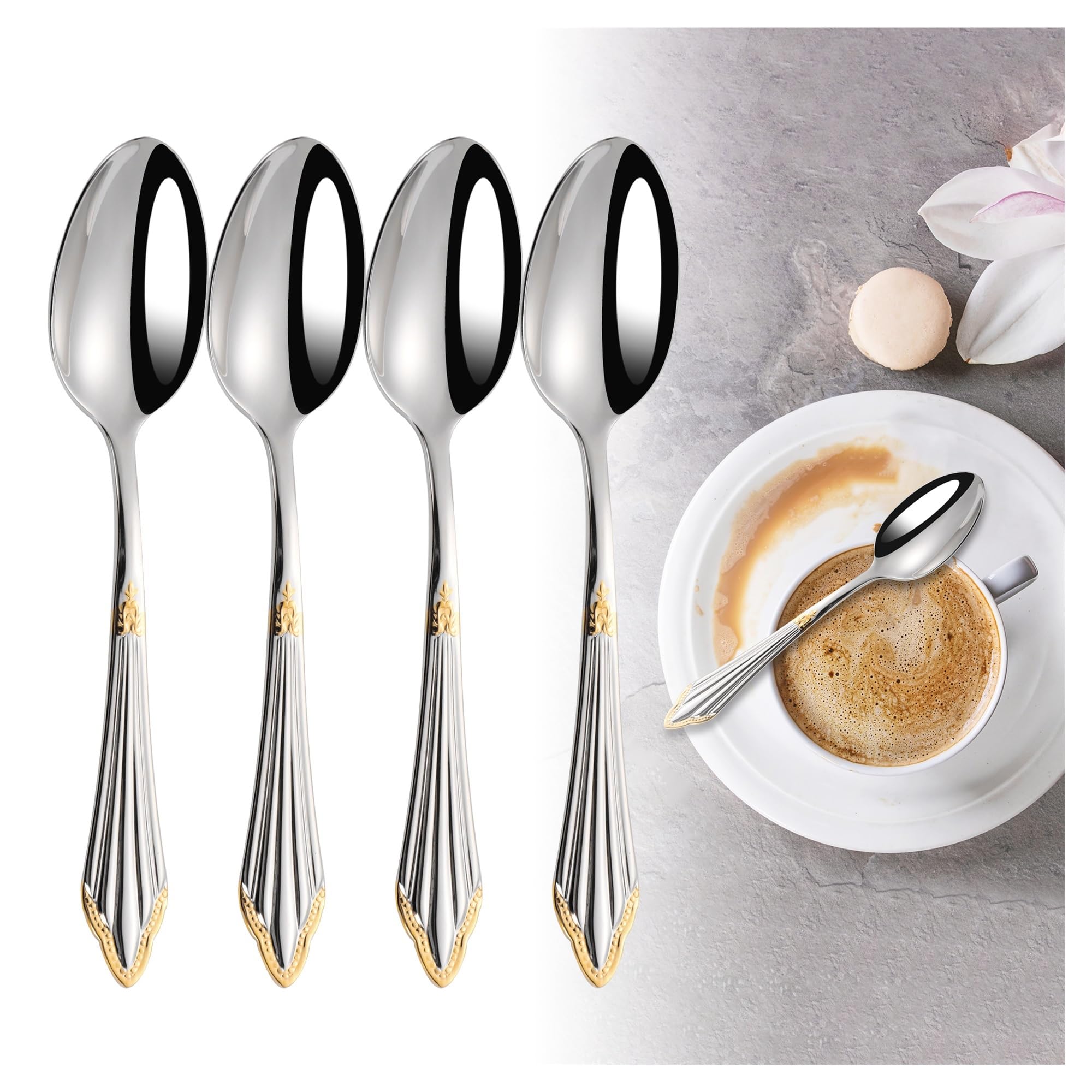 Juego de té con cuchara de café de acero inoxidable 18-10 chapado en oro de 2/3/4/5/6 piezas | Minicucharas de acero inoxidable 18-10 bañadas en oro for café y té.(5PCS-Gold Plate)