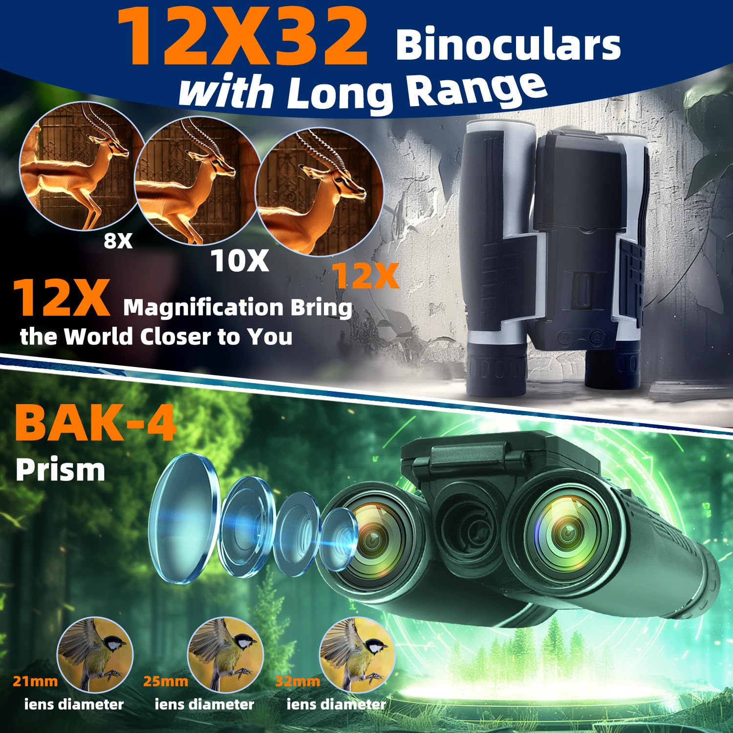 Jumelles numériques 12 x 32 pour adultes, avec caméra 48 MP, photo 2,5 K, écran LCD de 2,4" avec carte micro SD de 32 Go pour observation des oiseaux, chasse, football, concerts, théâtre