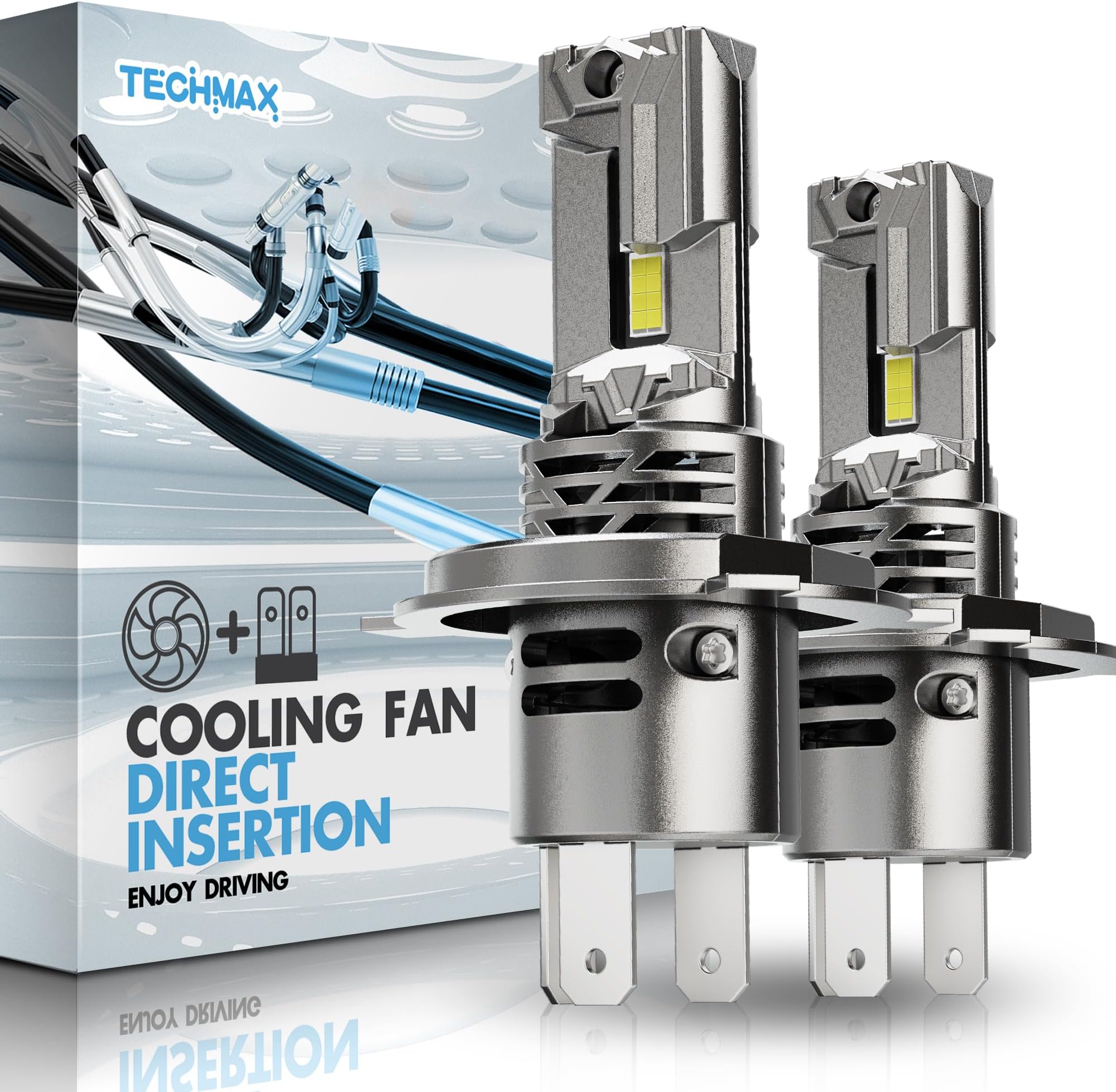 TECHMAX H4 Bulb - 800% Super Brighter, 6500K Xenon White H4/9003 Fog Light Bulbs with 16000PRM Cooling Fan Compatible with Tacoma Tundra 4Runner Camry Corolla RAV4 Sequoia, Pack of 2