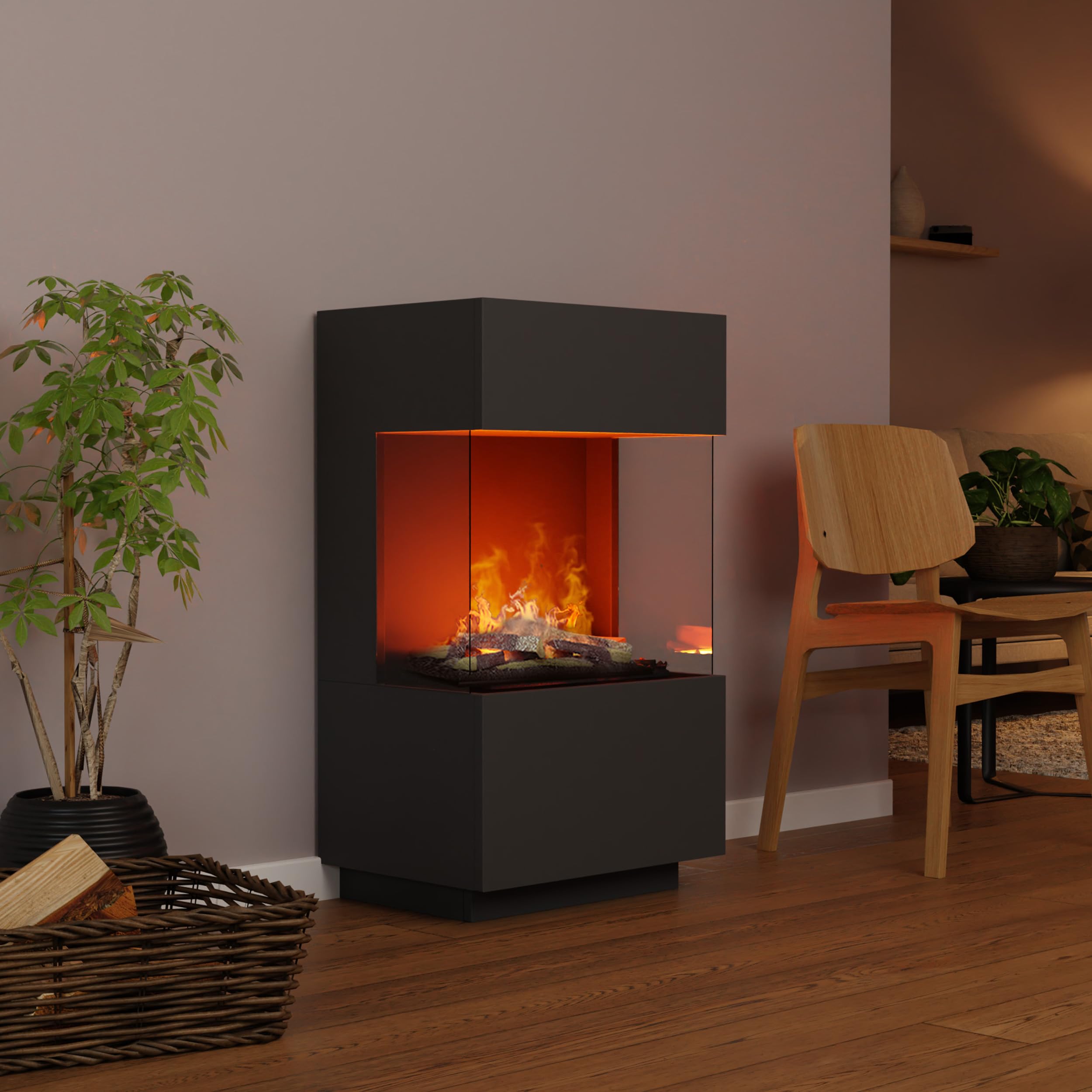 Cheminée sur Pied GLOW FIRE OGF 1 Mini à Vapeur d'eau - Cheminée électrique avec Flammes LED 3D réalistes, Effet crépitant, télécommande, 55x96x40 cm - Opti-Myst 400 avec déco Bois, Gris