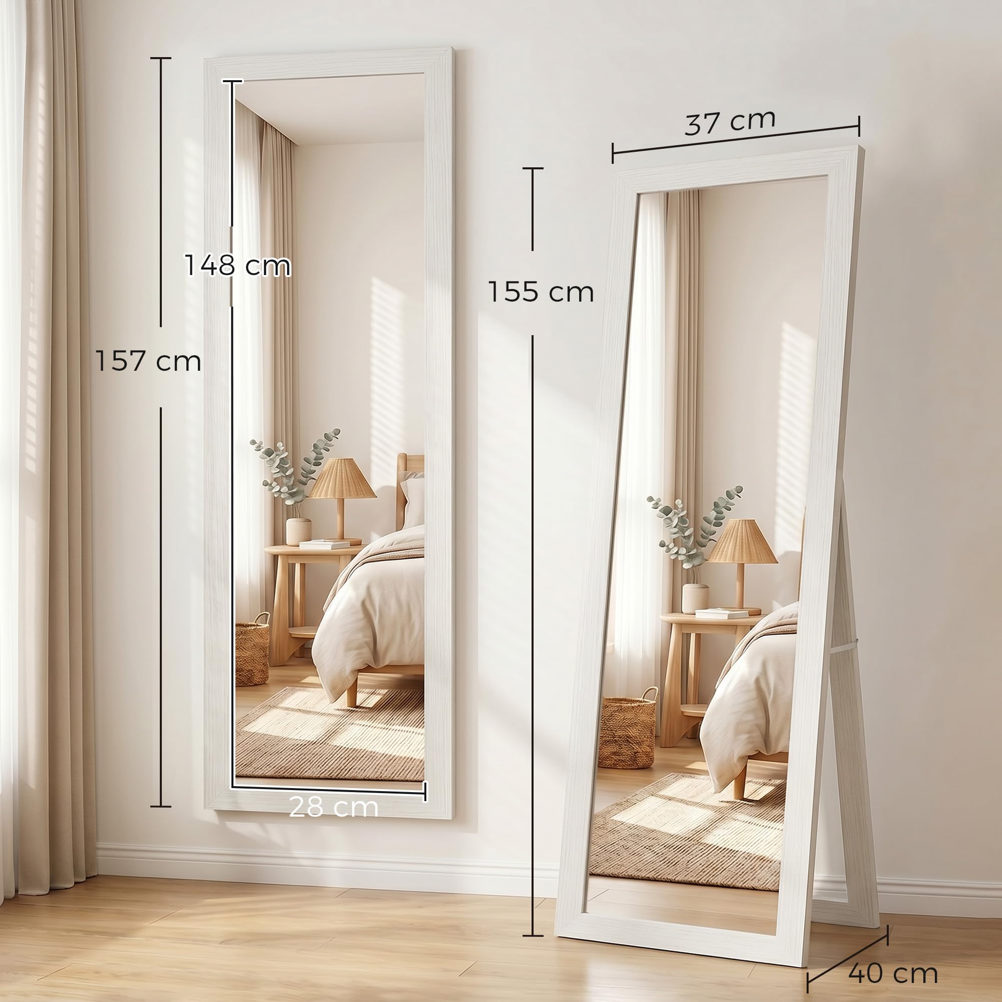 HOMCOM Duże lustro stojące z ramą drewnopodobną, 157x37 cm Biały