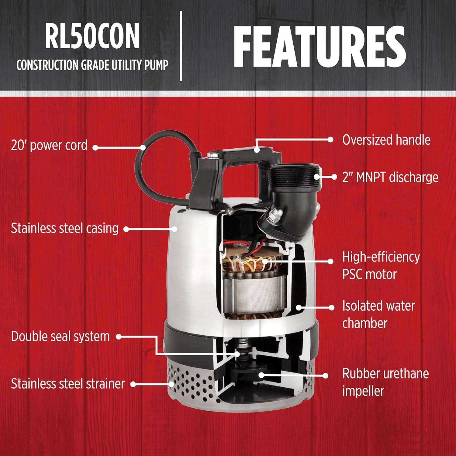 Red Lion RL50CON 115 Volt, 1/2-HP, 3600 GPH Heavy-Duty Stainless Steel Manual Submersible Utility Pump with 20-Foot Power Cord, Steel, 14942722