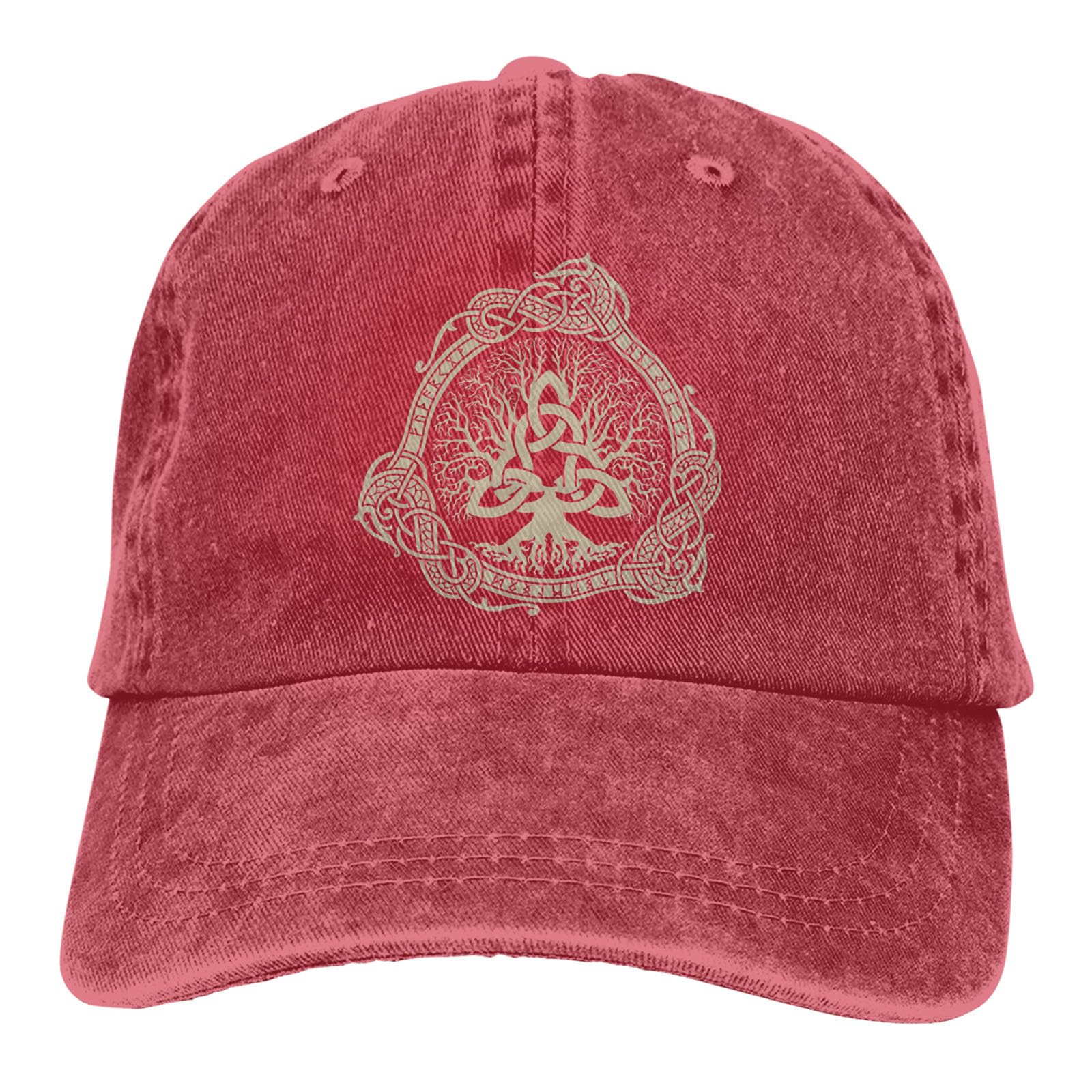Mozigena Unisex Red Viking Yggdrasil Baseball Cap Adjustable Hat, 3D-Print Norse Myth Dragon Snapback Cowboy Cap, 100% Cotton Casquette,One Size,