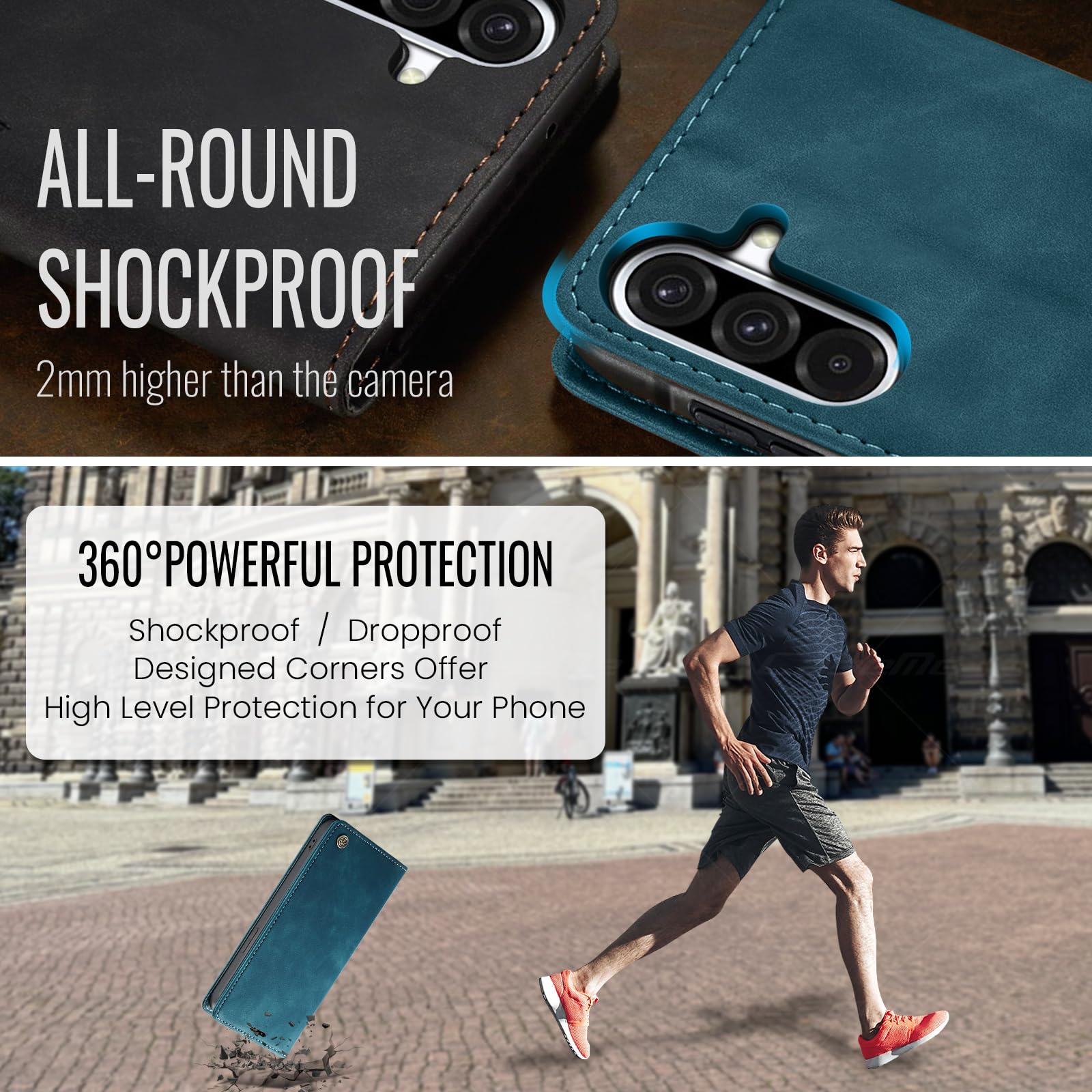 Azororo Cover per Samsung Galaxy A56 5G, Premium PU Pelle Custodia, Magnetica Carta Fessura Portafoglio Case, Flip Cavalletto Custodia per Samsung Galaxy A56- Blu verde