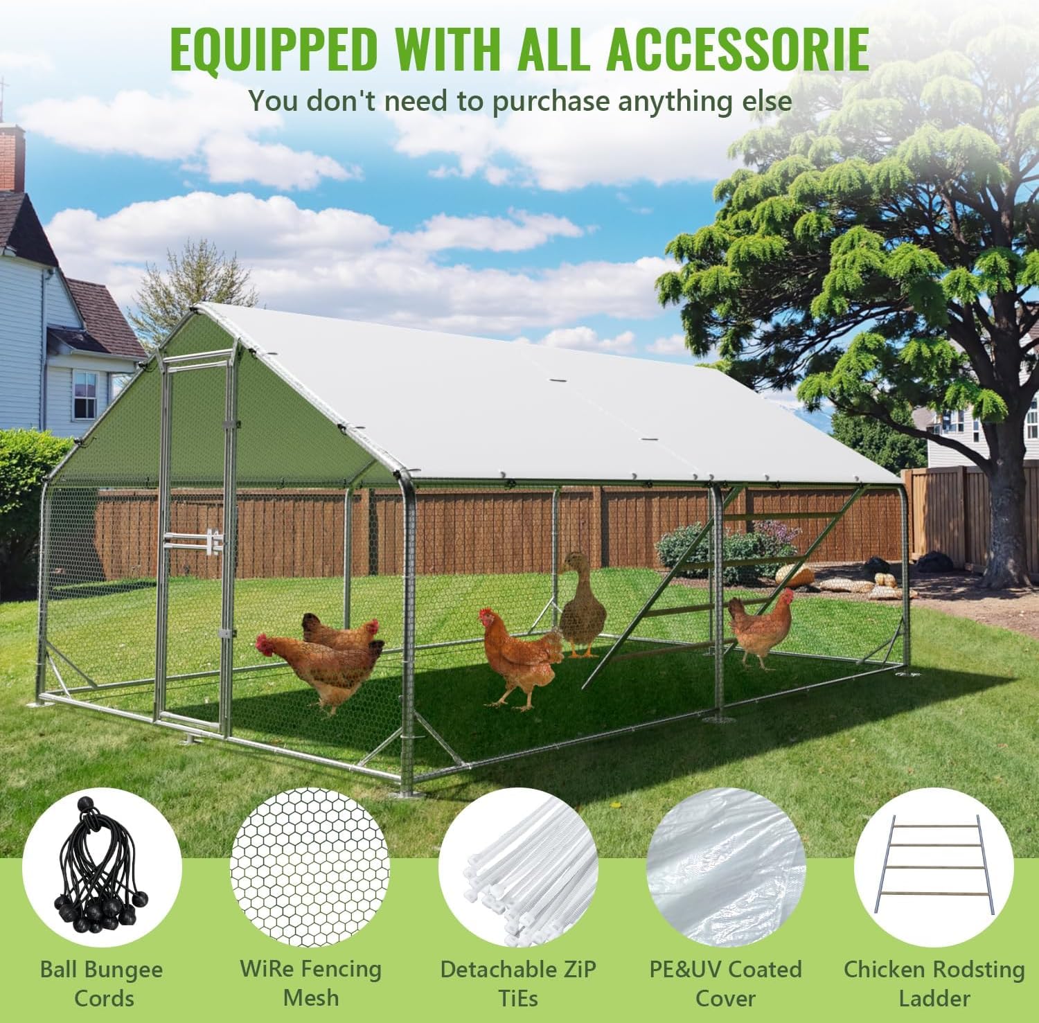 Grande pollaio in metallo, 3 x 2 x 2 m, con tetto, per giardino, resistente alle intemperie, per 6-10 polli, con accessori e scala