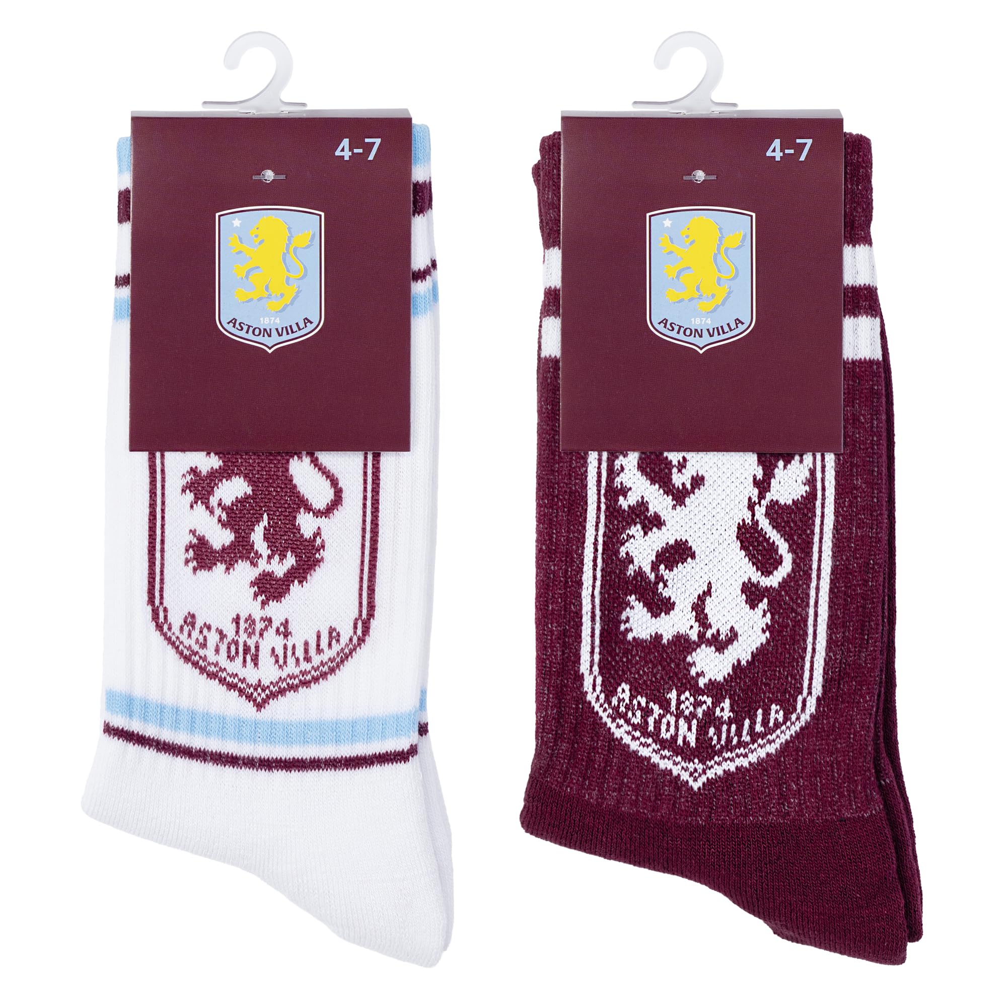 The Gift Scholars Men's Twin Sport (White+Claret) Officially Licensed Twin Pack Aston Villa Crest White Sports Socks For & Wo | Adult Size Sport Villans Fan Merchandise 4-7 (1 White + 1 Claret)